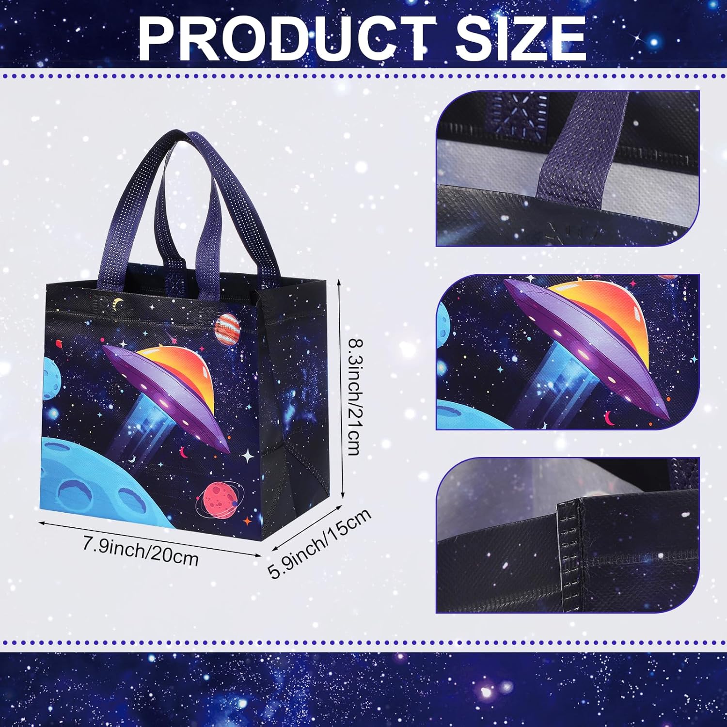 Windyun 48 bolsas de regalo espaciales a granel grandes para espacio exterior, bolsas de recuerdos de fiesta, no tejidas, bolsas de dulces con asas,
