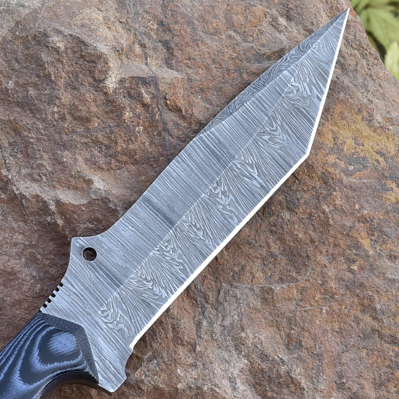 Grace Knives Cuchillo de caza hecho a mano Tanto Cuchillo de hoja fija de acero de Damasco de 10.5 pulgadas EDC con funda de cuero G-509 (micarta