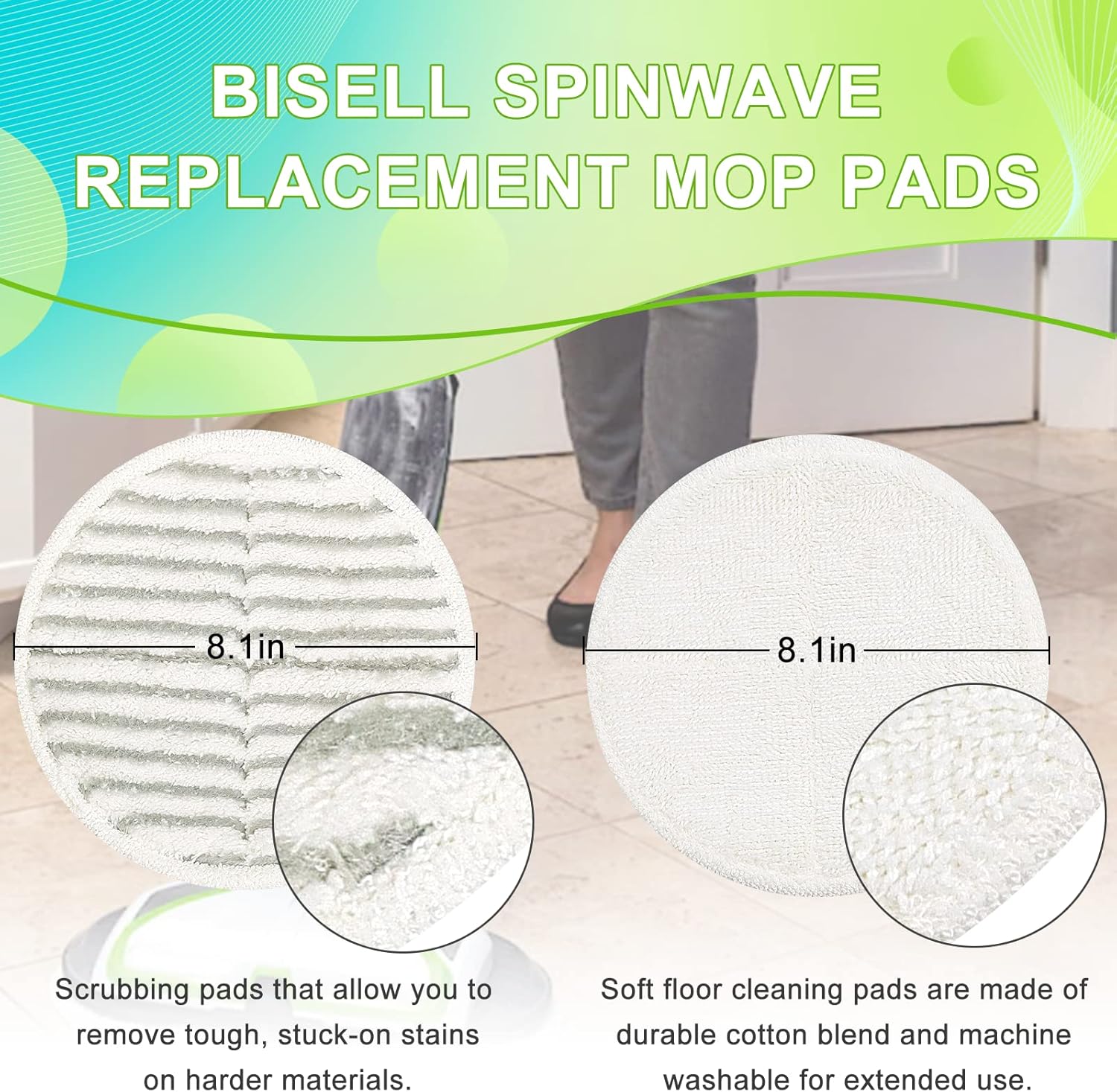 2124 Almohadillas de repuesto para trapeador Bisell Spinwave Spin Mop, (2 almohadillas de limpieza y 4 almohadillas suaves) compatibles con Bisell
