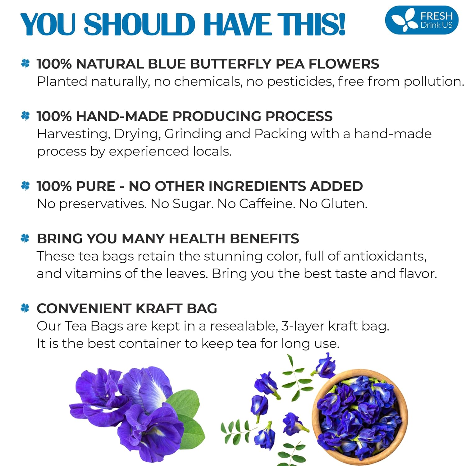 FreshDrinkUS, 55 bolsas de té de guisantes de mariposa, 100% natural y puro de flores de guisantes de mariposa, hechas a mano, hechas con materiales
