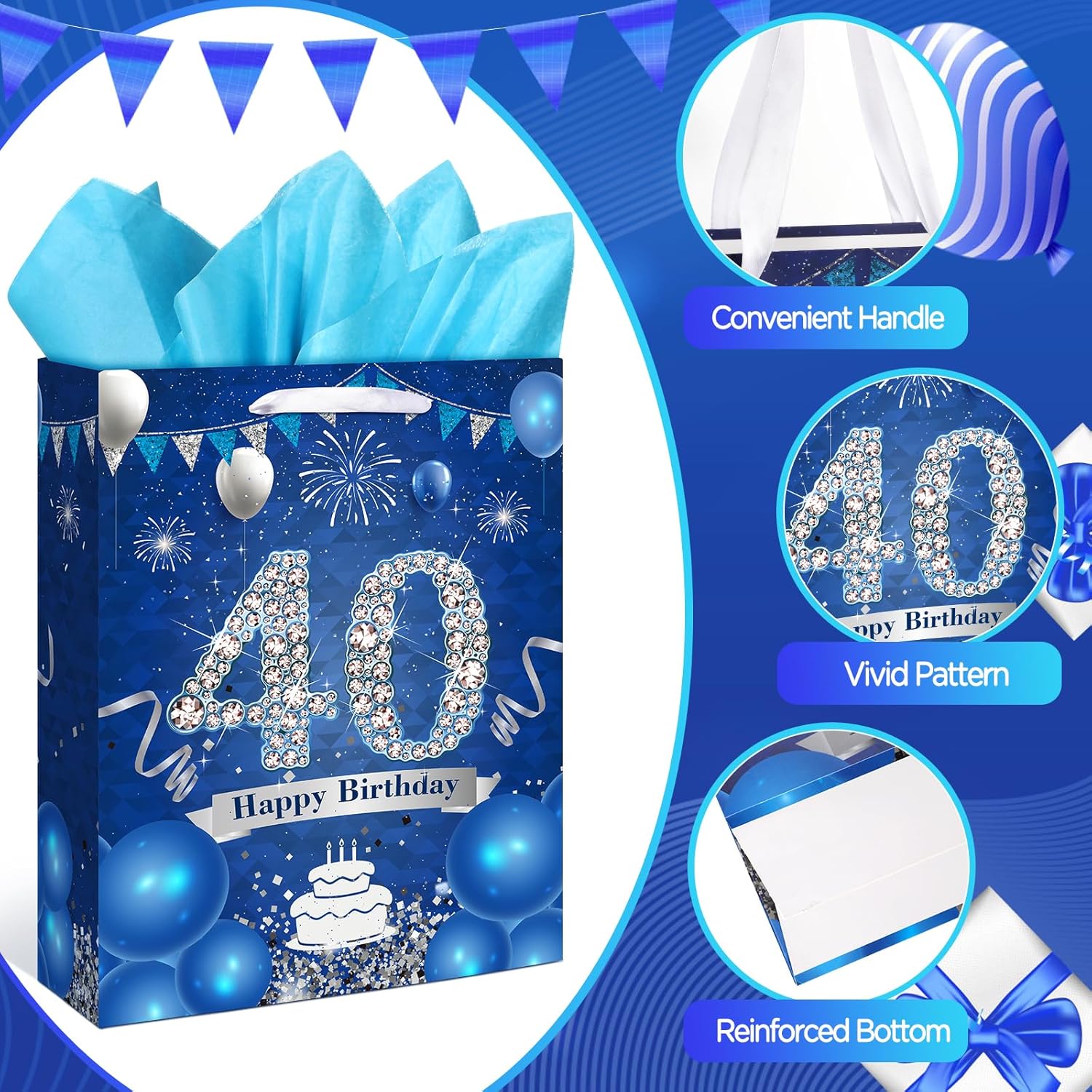 Bolsa de regalo de cumpleaños de 40 años, color azul marino y plateado, bolsa de regalo de 40 cumpleaños con papel de seda y tarjeta, bolsa azul