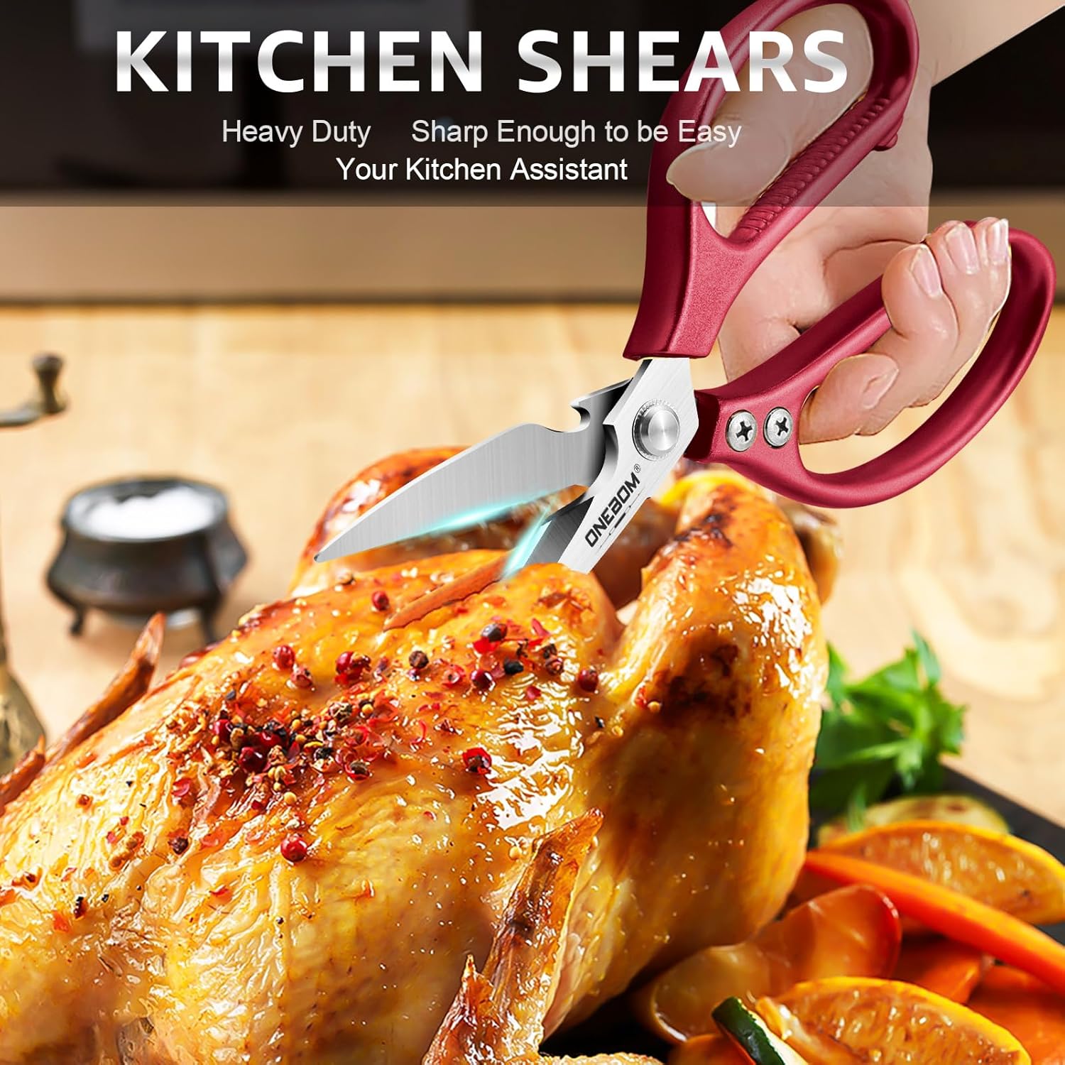 ONEBOM – Tijeras de cocina, tijeras de cocina resistentes con hoja dentada para cortar carne, alimentos, pescado, aves de corral, accesorios de