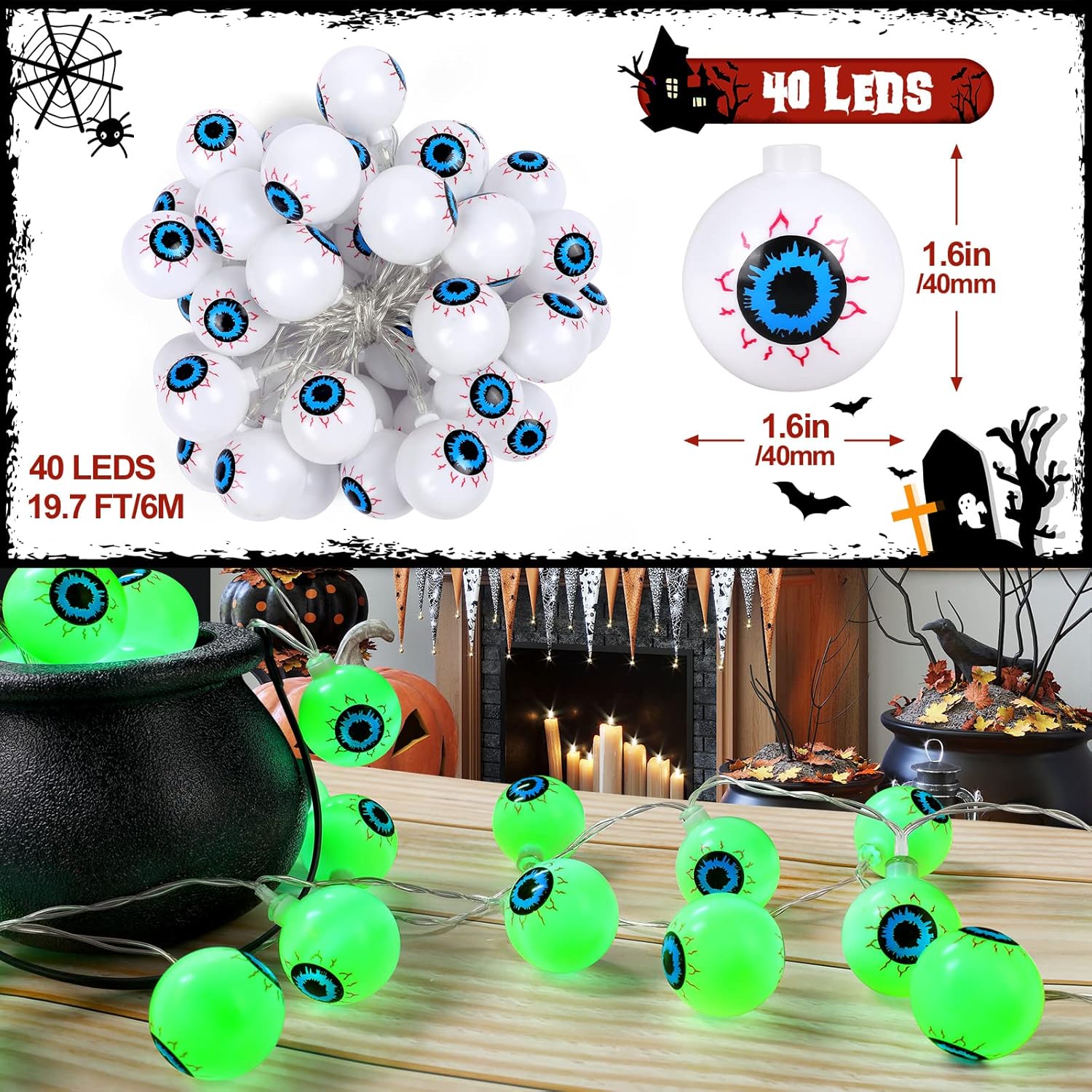 Decoraciones de Halloween de 19.7 pies, 40 luces LED de globo ocular con temporizador remoto funciona con pilas, 8 modos de luz, decoración de