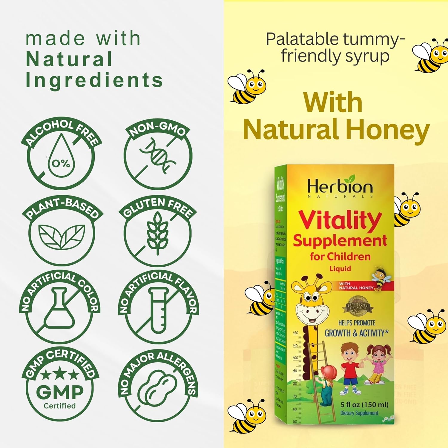 Herbion Naturals Suplemento Vitality para niños  Promueve el crecimiento y el apetito  Alivia la fatiga  Mejora el rendimiento mental y físico  5