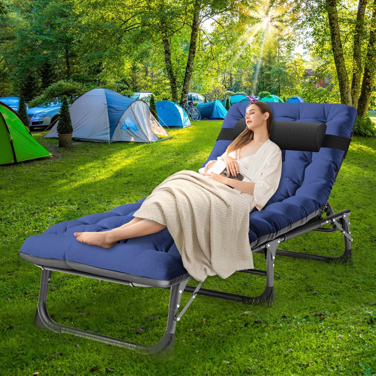 NAIZEA Sillón plegable para exteriores, catre plegable 3 en 1 con colchón, sillas reclinables de patio de 4 posiciones, silla reclinable plegable