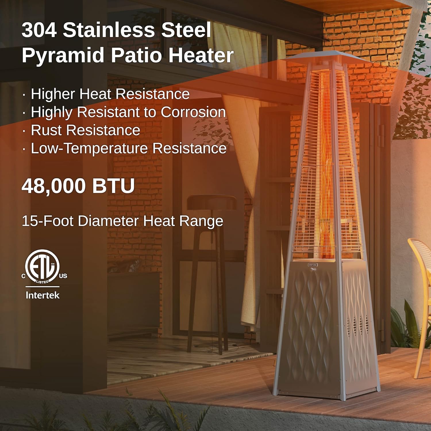 EAST OAK Pyramid – Calentador de patio de 48000 BTU, calentador de patio con llama para exteriores, acero inoxidable, calentador de propano de tubo