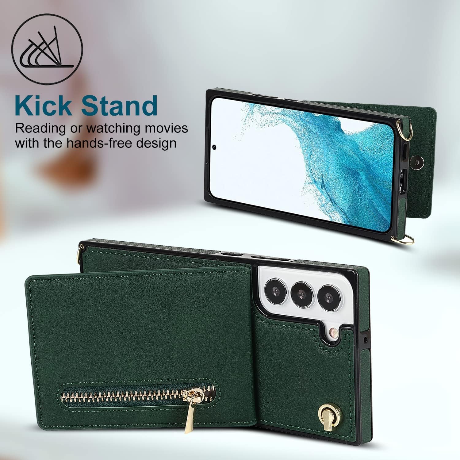 Funda compatible con Samsung Galaxy S22 de 6.1 pulgadas, bolso de bolsillo, correa de hombro, elegante funda protectora para Galaxy S22 (verde