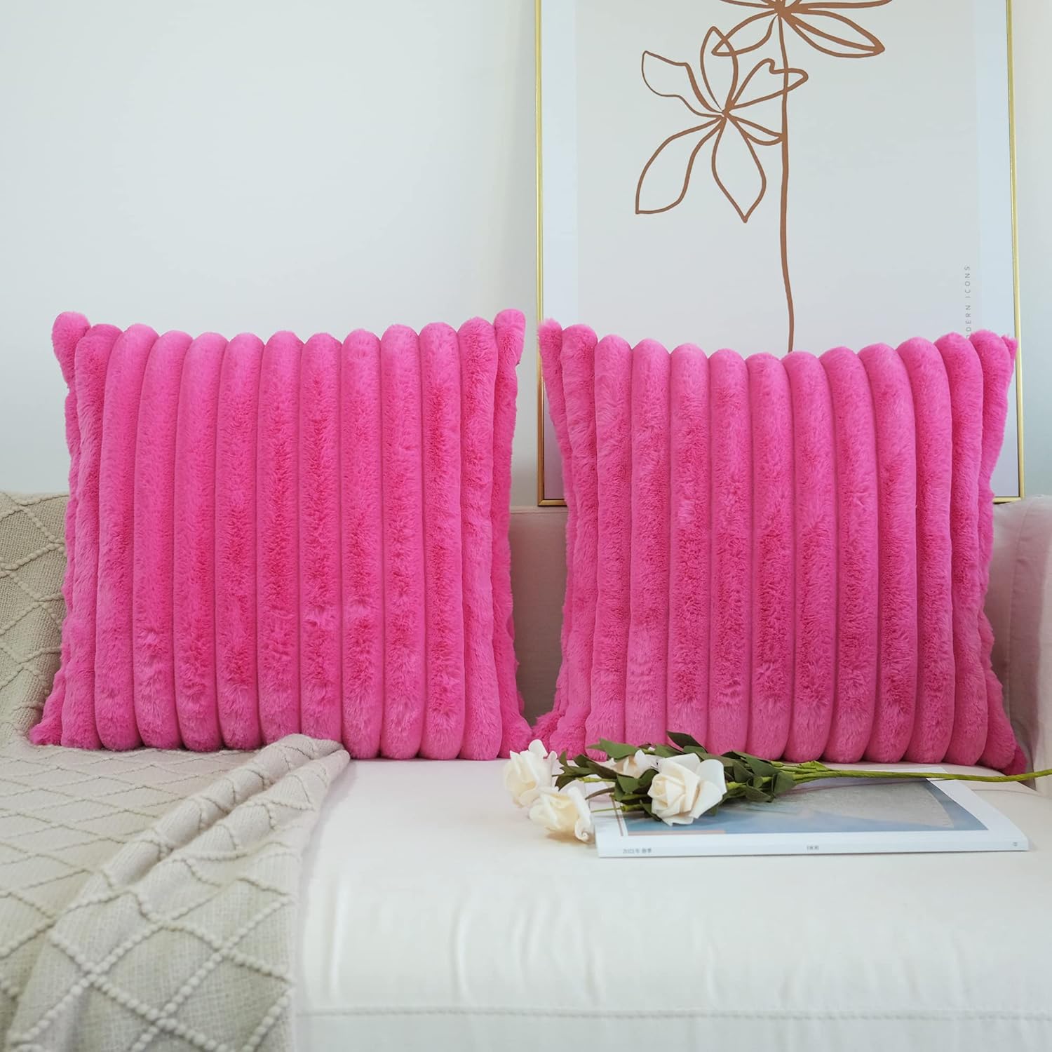 JOJUSIS Paquete de 2 fundas de almohada decorativas de felpa de pelo sintético para sofá, fundas de almohada suaves (rosa intenso, 18 x 18 pulgadas)
