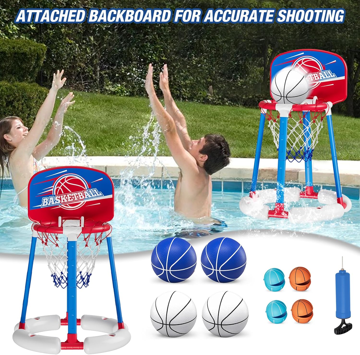 HYES Aro de baloncesto para piscina junto a la piscina con tablero, juguetes flotantes para piscina con 4 pelotas de baloncesto4 globos de