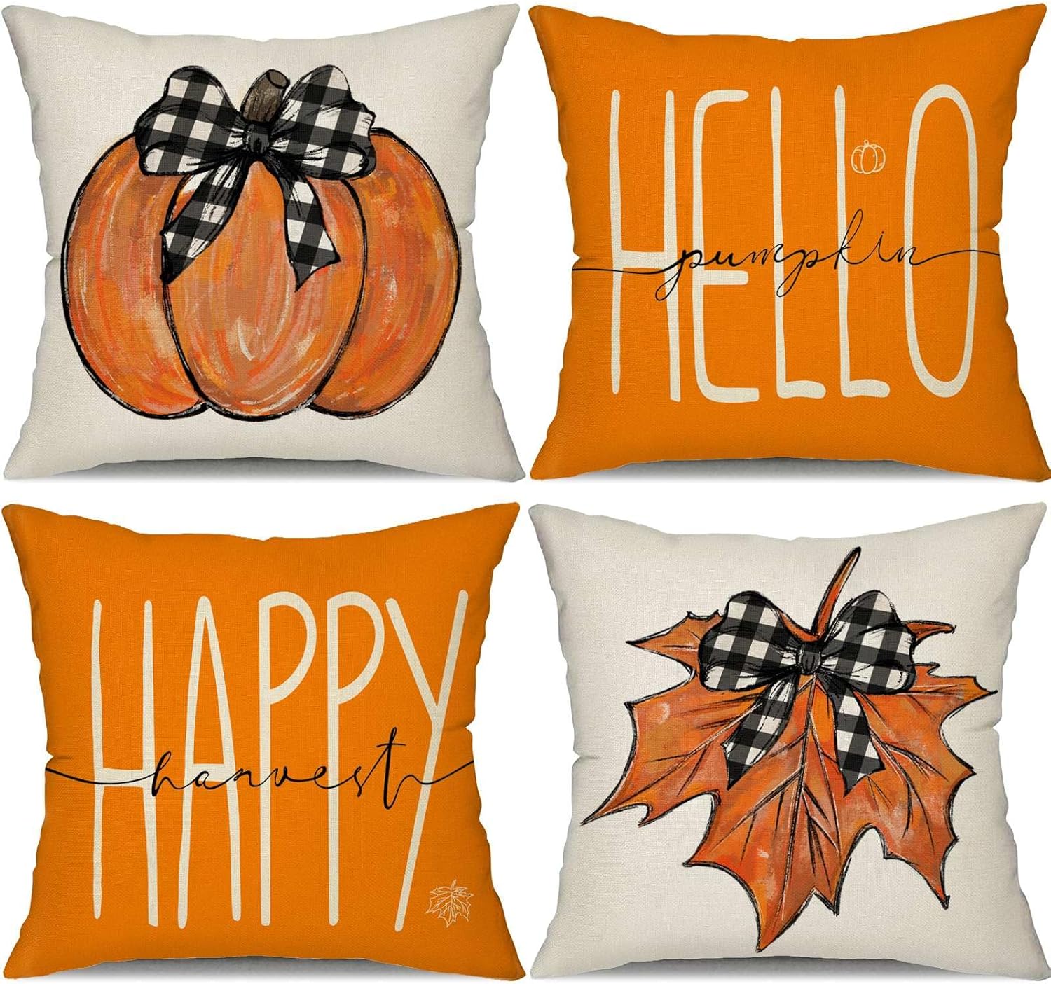 Fundas de almohada de otoño de 18 x 18 pulgadas, juego de 4 fundas de almohada de calabaza y hojas de arce con texto en inglés “Hello Pumpkin Happy