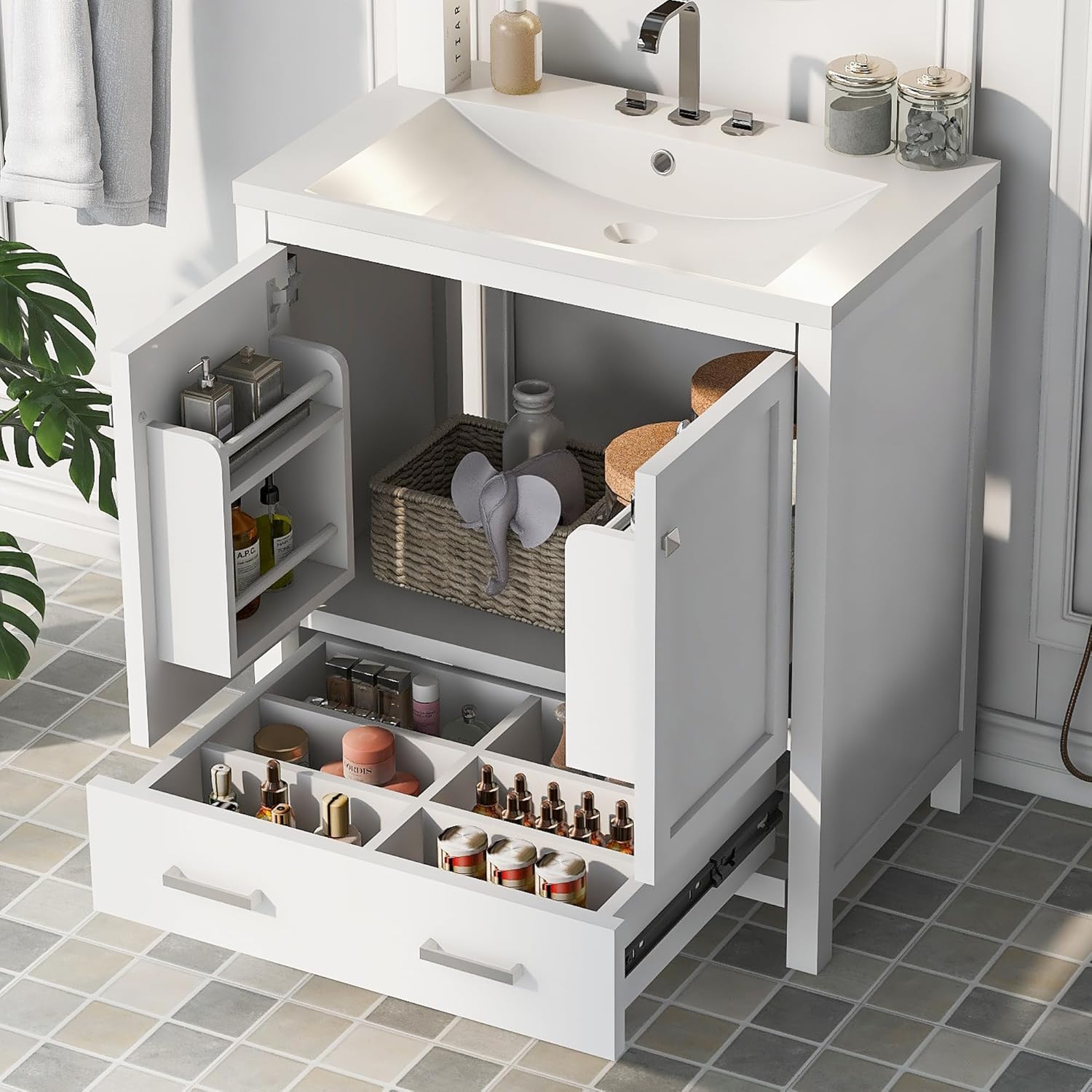 Merax Tocador de baño de 30 pulgadas con lavabo individual, armario combinado de montaje inferior, armario de almacenamiento de baño con 2 puertas y