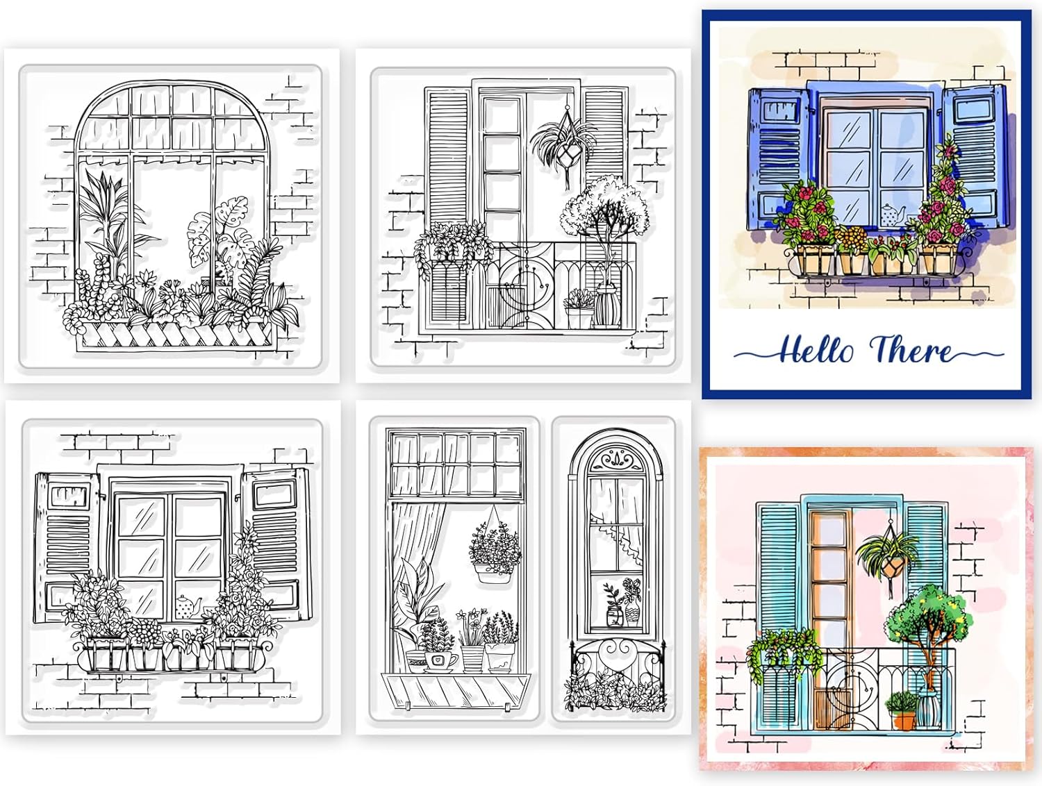 GLOBLELAND 4 mini sellos transparentes para ventana de paisaje, para bricolaje, álbumes de recortes, mini balcón, paisaje, sellos transparentes de