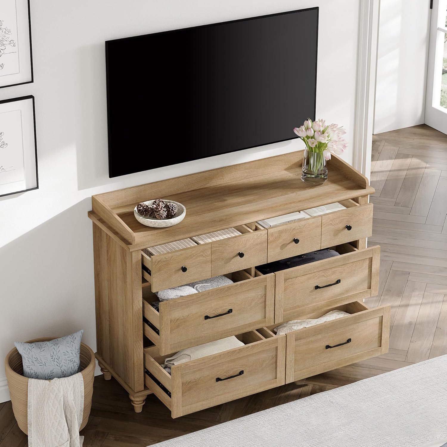 WAMPAT Cómoda para dormitorio con 6 cajones, cómoda de roble para bebé con cómoda ancha, organizador moderno de almacenamiento de armario para