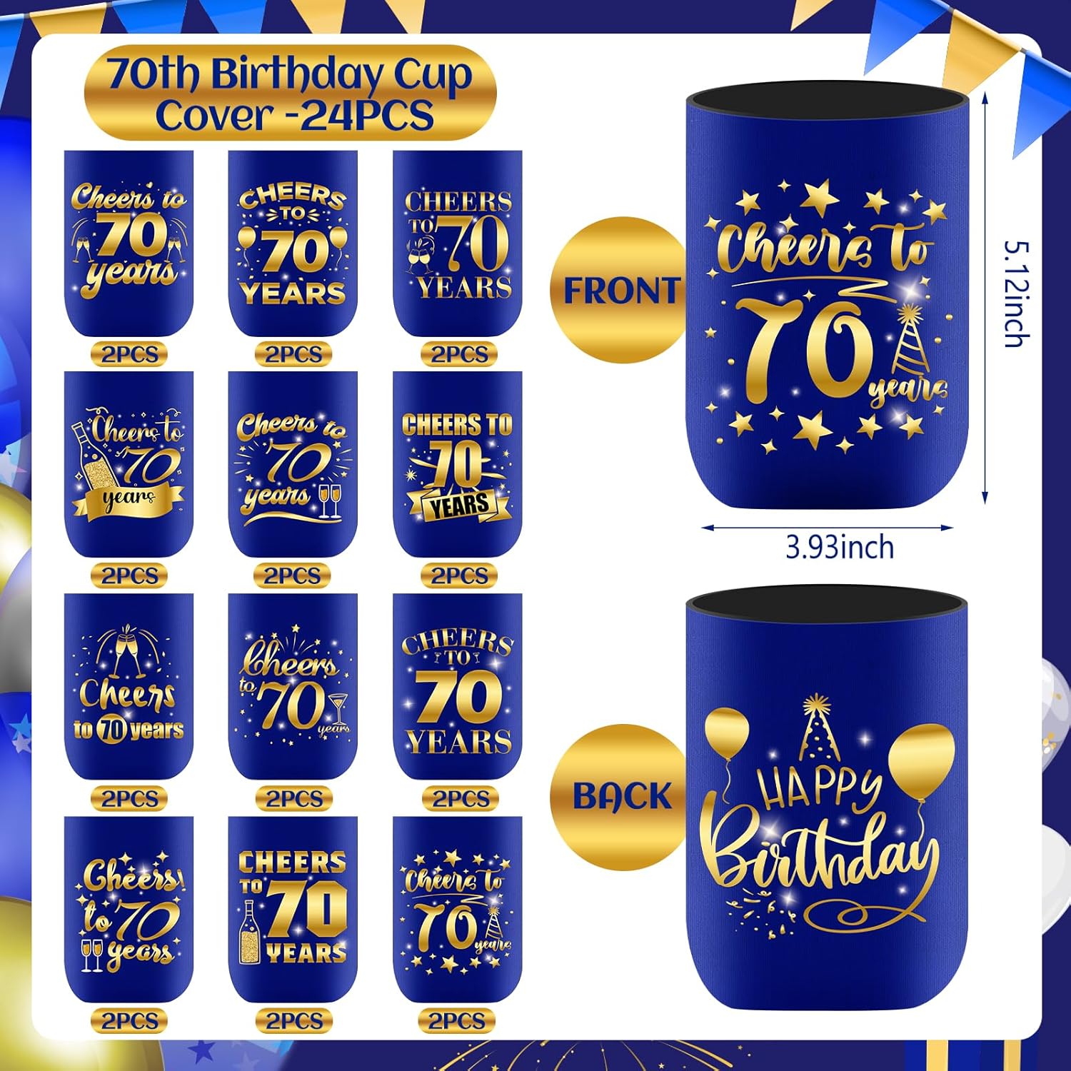 24 fundas enfriadoras para latas de cumpleaños 70, decoración de cumpleaños de 70 años azul y dorado para hombres y mujeres, para fiestas de