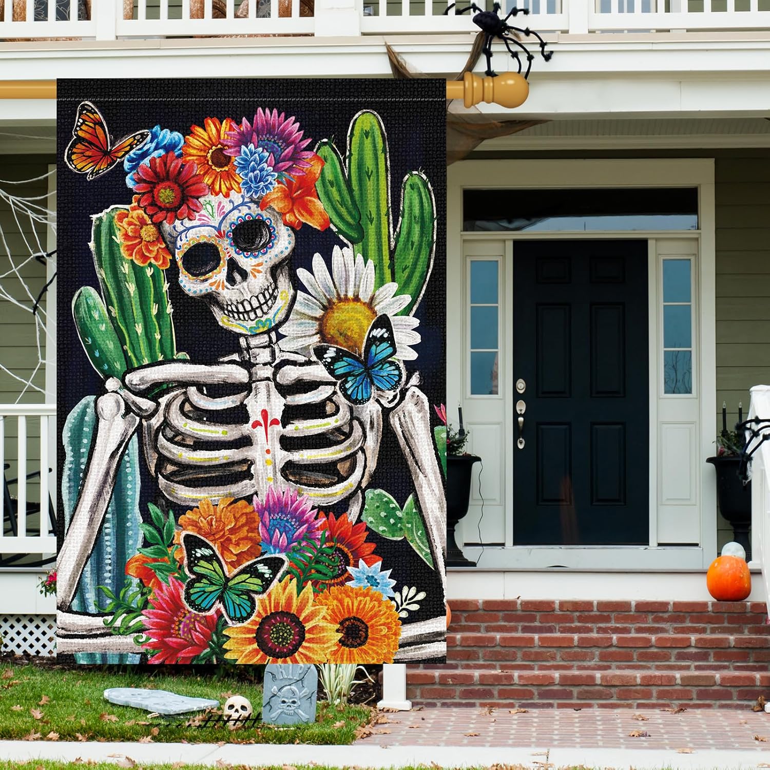 Bandera de jardín del Día de los Muertos de 28 x 40 pulgadas, de arpillera de doble cara, calavera, esqueleto, flor, banderas de jardín Dia DE Los