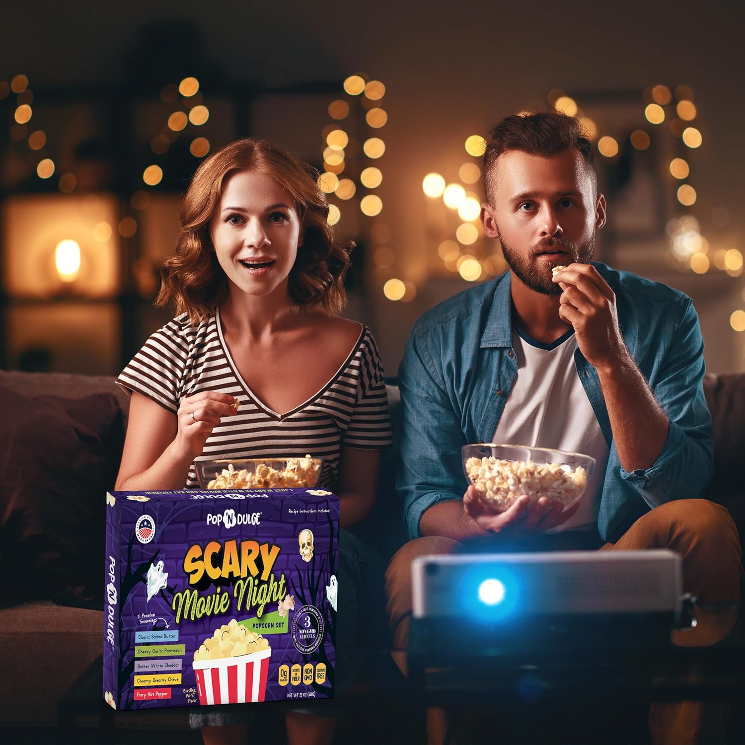 Regalos de Halloween, cesta de regalo de noche de película aterradora, granos de palomitas gourmet y condimentos de palomitas de maíz, paquete