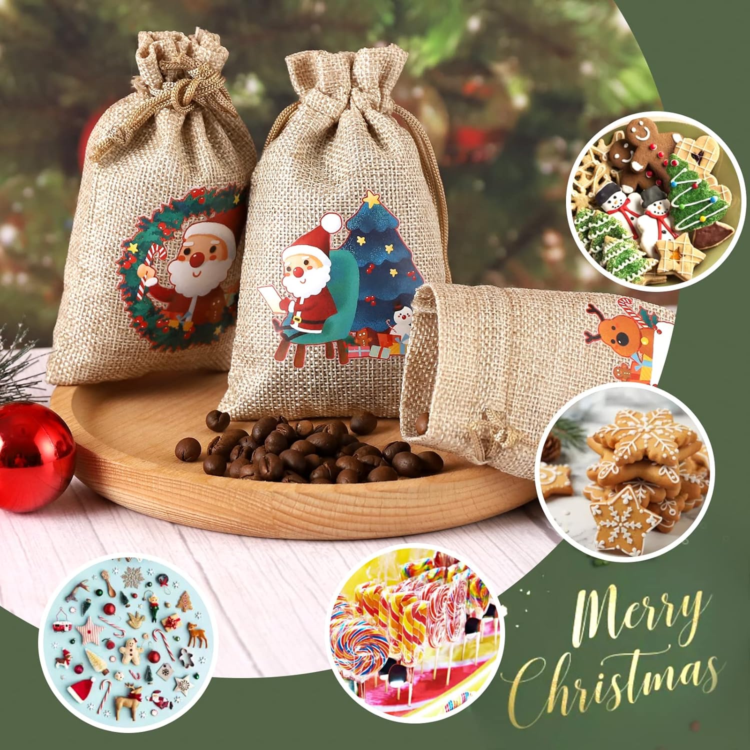 Hopttreely 24 bolsas de arpillera de Navidad, bolsas de Navidad de yute para regalos, bolsas de dulces de Navidad de 4 x 6 con cordones, bolsas