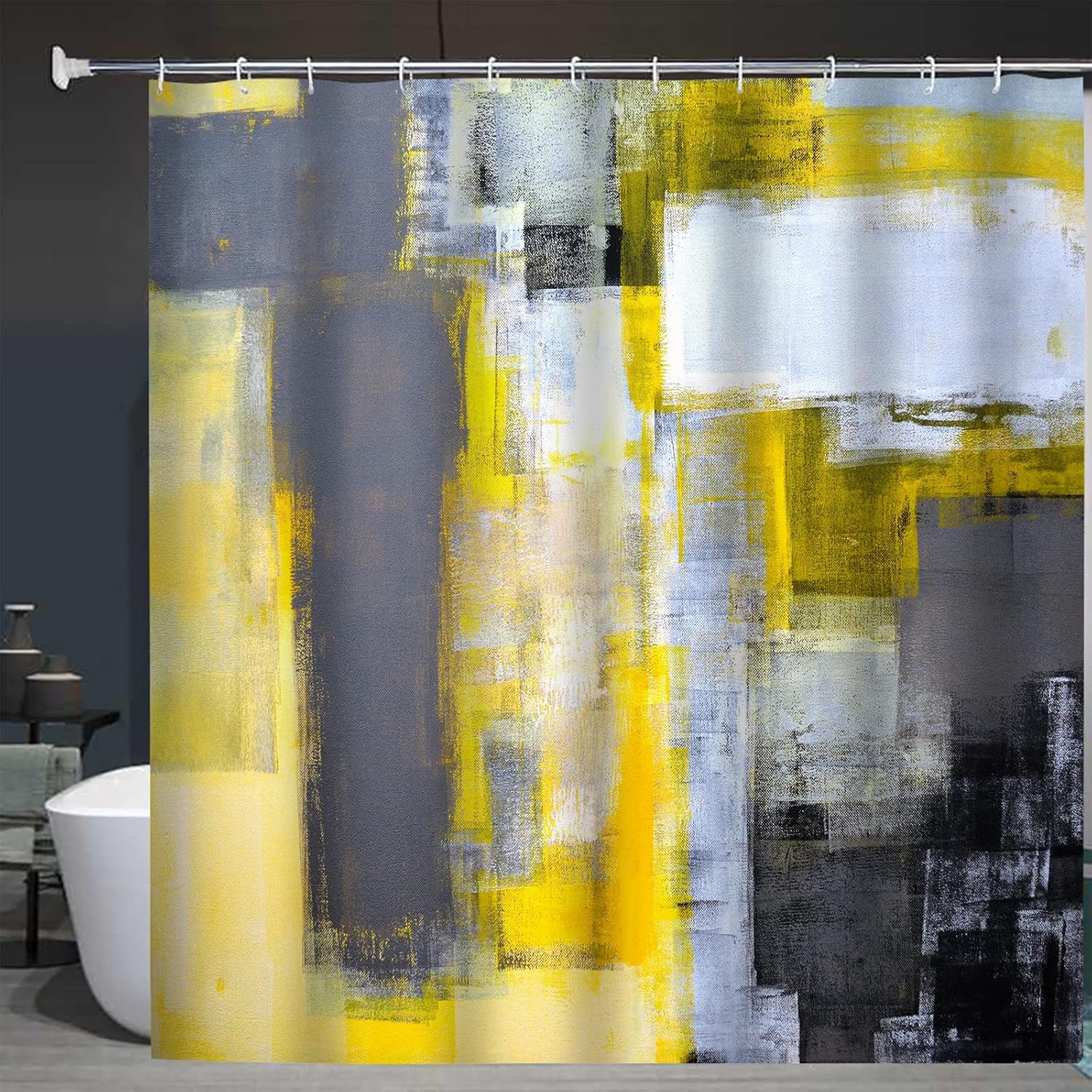 Cortina de ducha amarilla y gris, diseño de pintura de arte abstracto, patrón de marcas de pincel moderno, decoración de baño, juego de cortina de