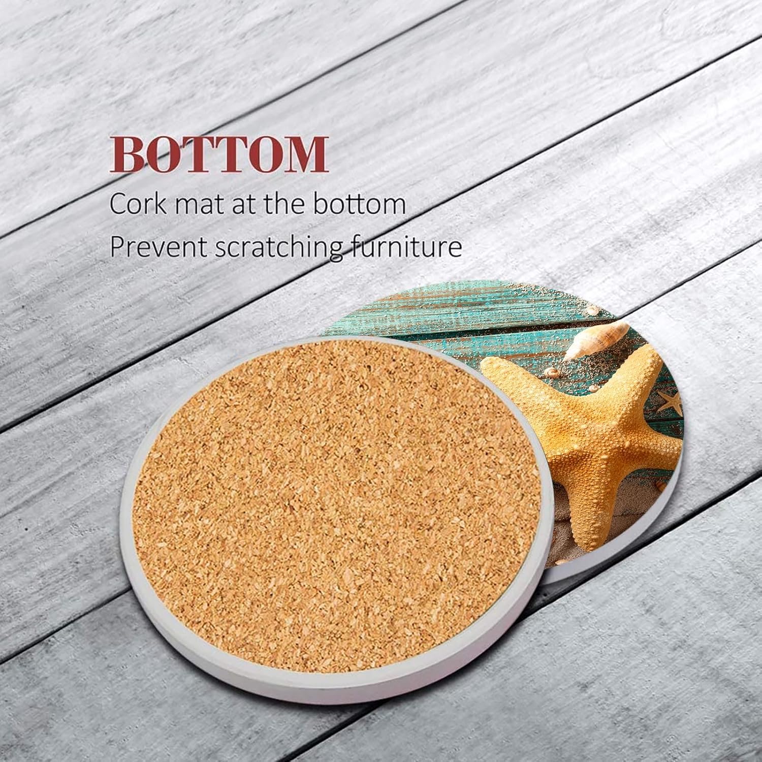 Bribay Juego de 6 posavasos para bebidas, diseño de estrellas de mar y conchas de mar, color azul playa, absorbente, con base de corcho y soporte de