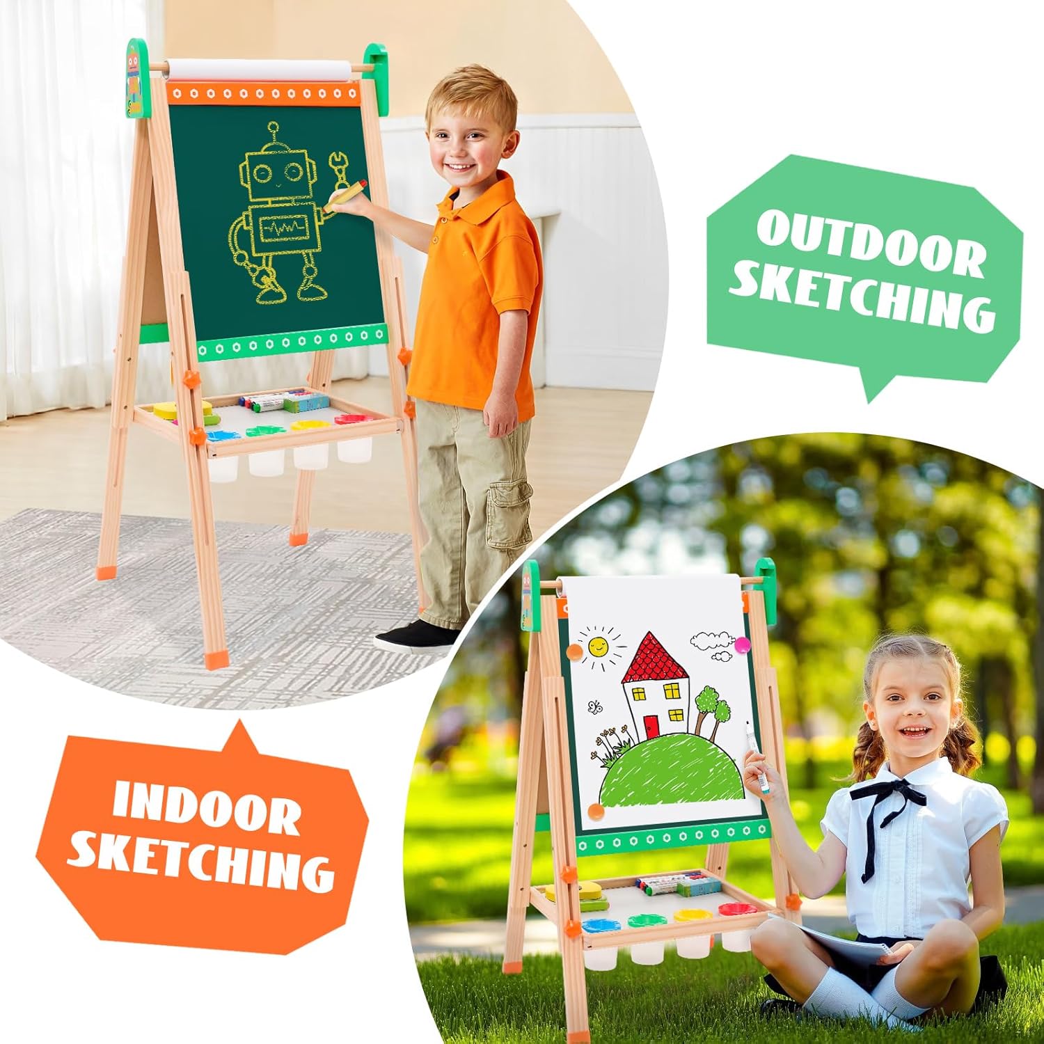Caballete de madera plegable de doble cara para niños, pizarra blanca, caballete de arte con almacenamiento, caballete de altura ajustable para