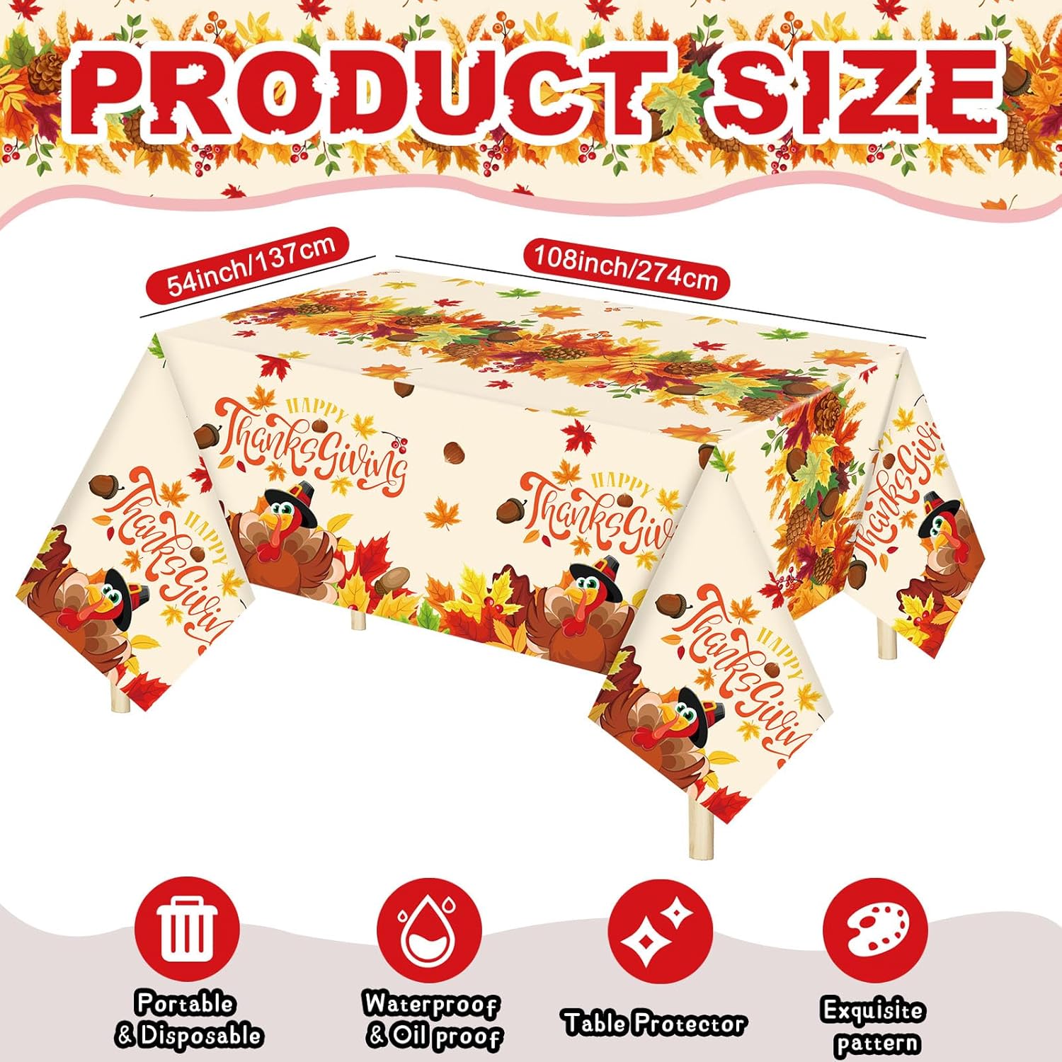 Newwiee 3 manteles de plástico con texto en inglés “Happy Thanksgiving”, manteles de pavo de otoño de 54 x 108 pulgadas, desechables, suministros de