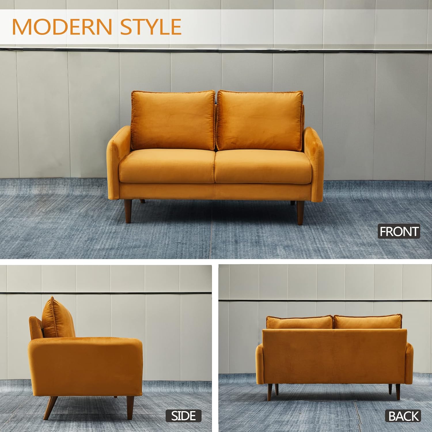 Sofá moderno de terciopelo con patas de madera para sala de estar, oficina, dormitorio, color jengibre