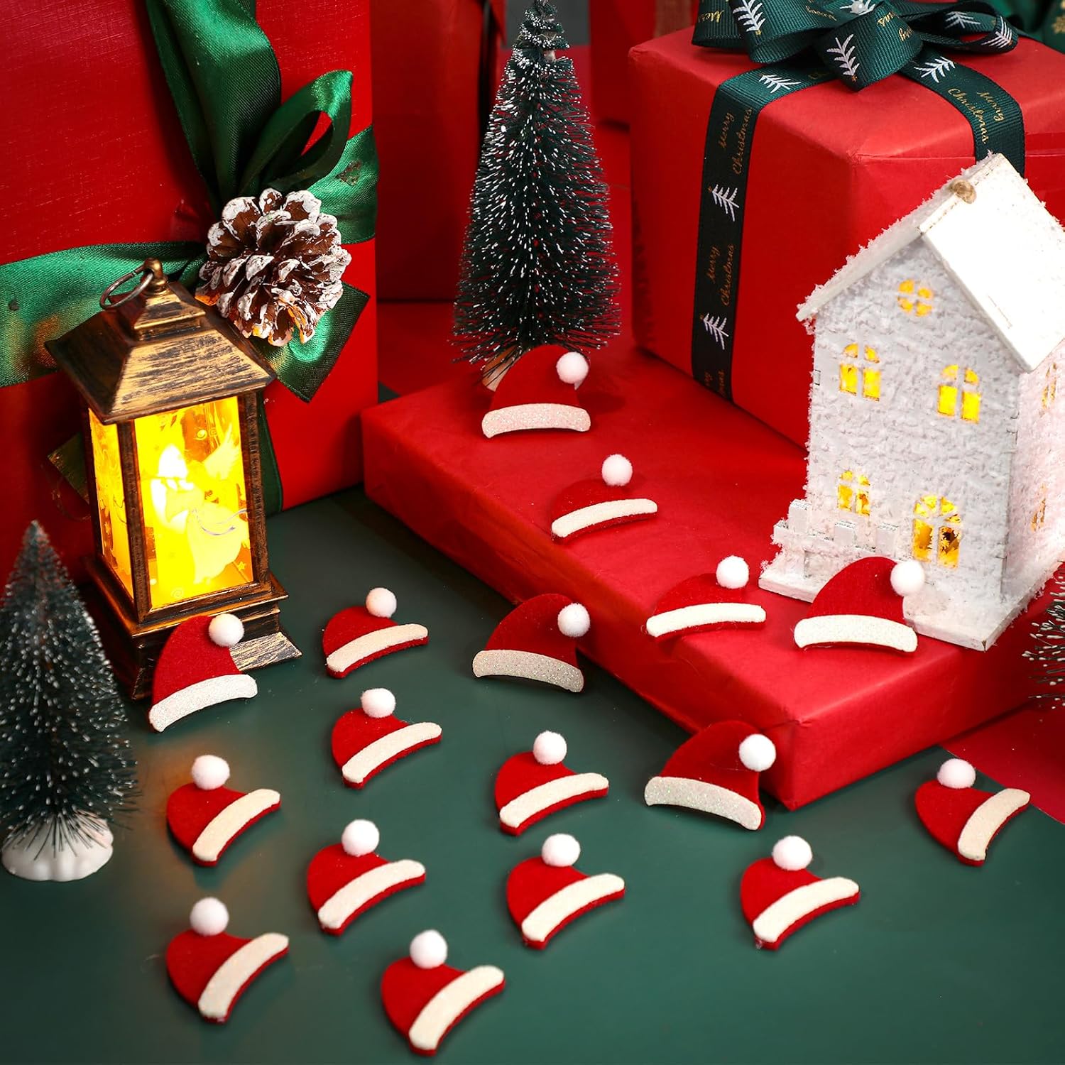 60 calcomanías de fieltro para sombrero de Papá Noel para niños, Navidad con purpurina 3D, sombrero de Papá Noel, gorra de Santa con purpurina,