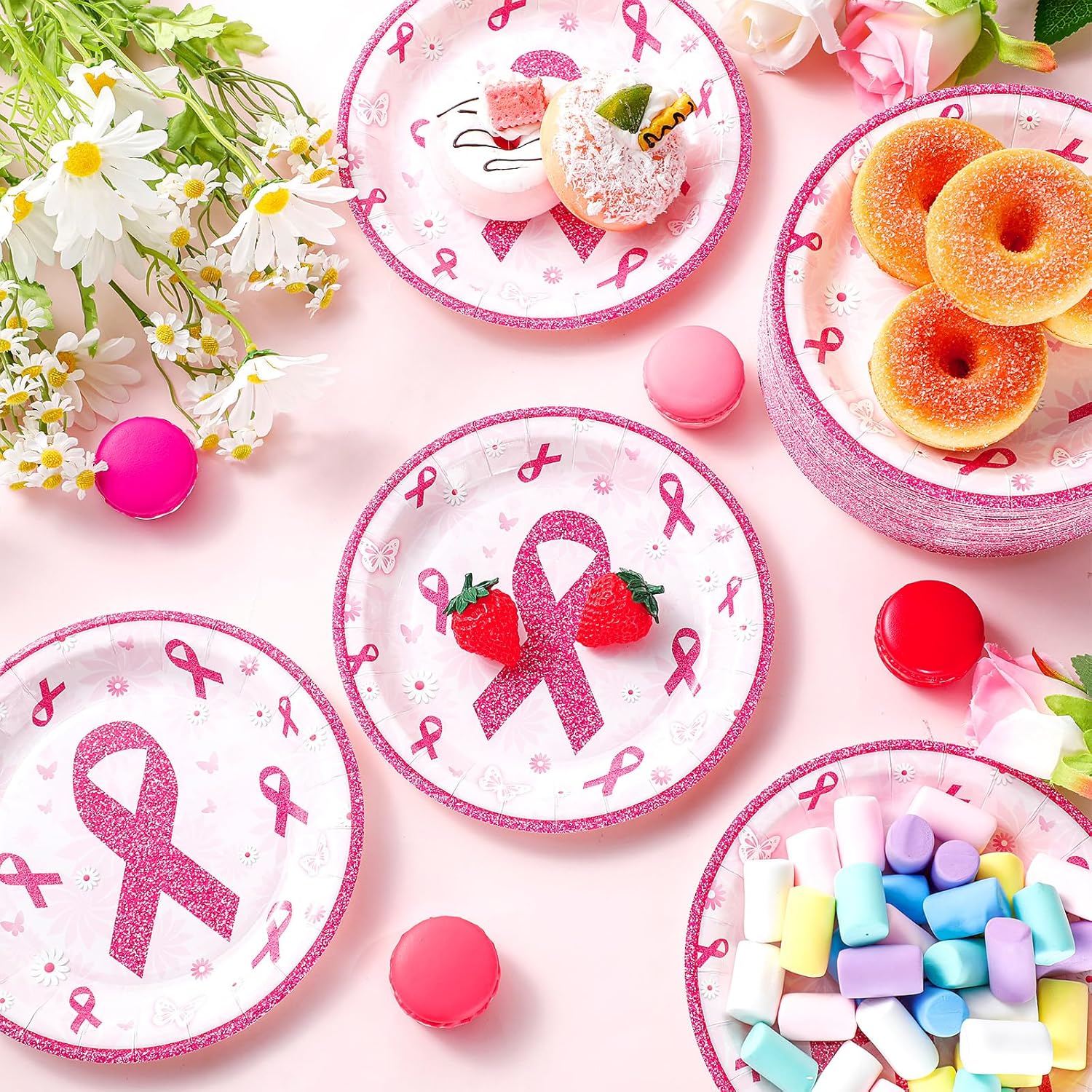 100 platos de papel de concientización sobre el cáncer de mama de 7 pulgadas, platos desechables rosados, redondos, decoraciones de cáncer de mama,