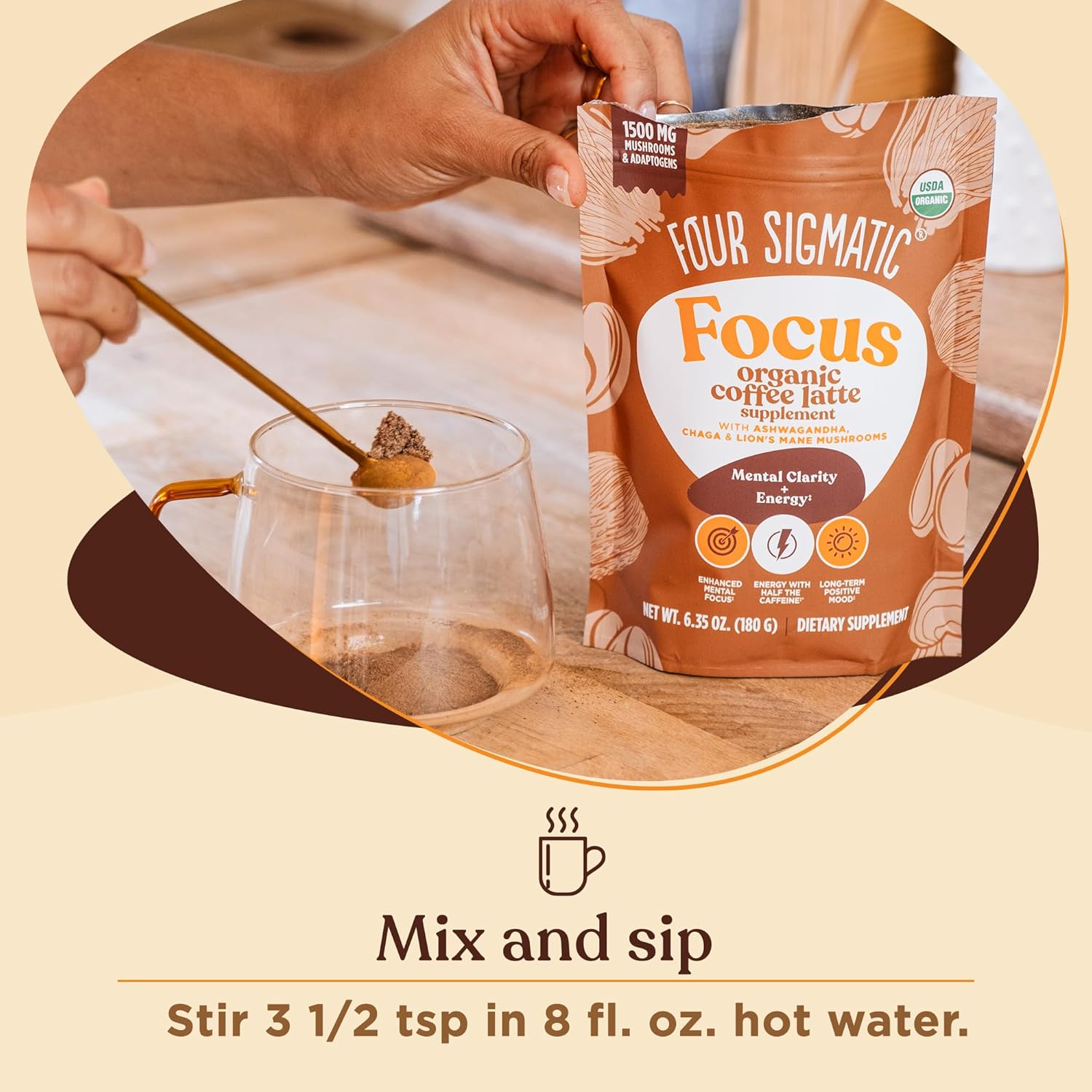 Focus Organic Mushroom Coffee Latte de Four Sigmatic  1500 mg de adaptógenos por porción  Melena de león, Chaga, Rhodiola, Ashwagandha y muuna para