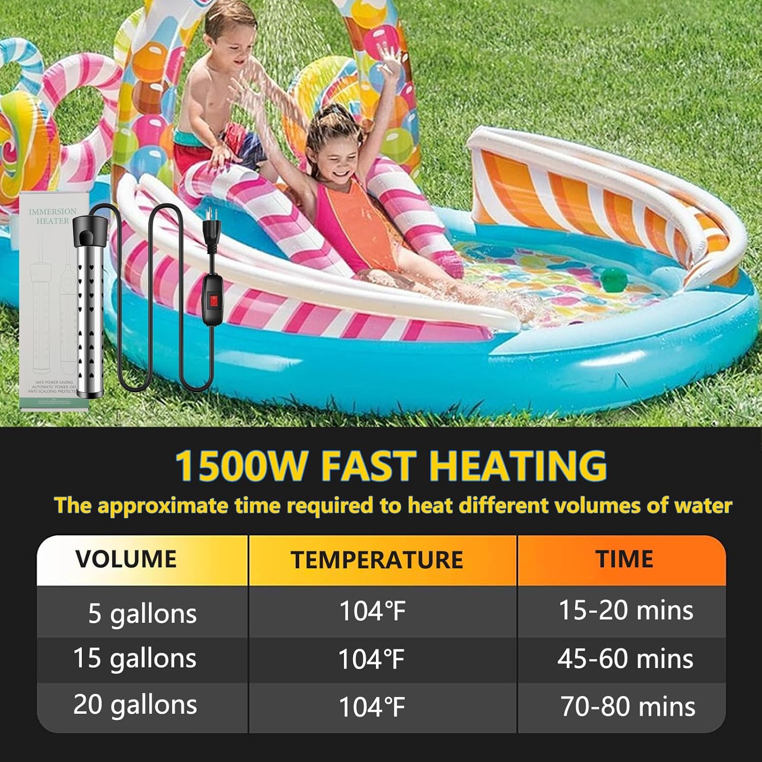 Calentador de piscina de 1500 W para piscina inflable sobre el suelo, calentador de agua de inmersión para bañera con control termostático e
