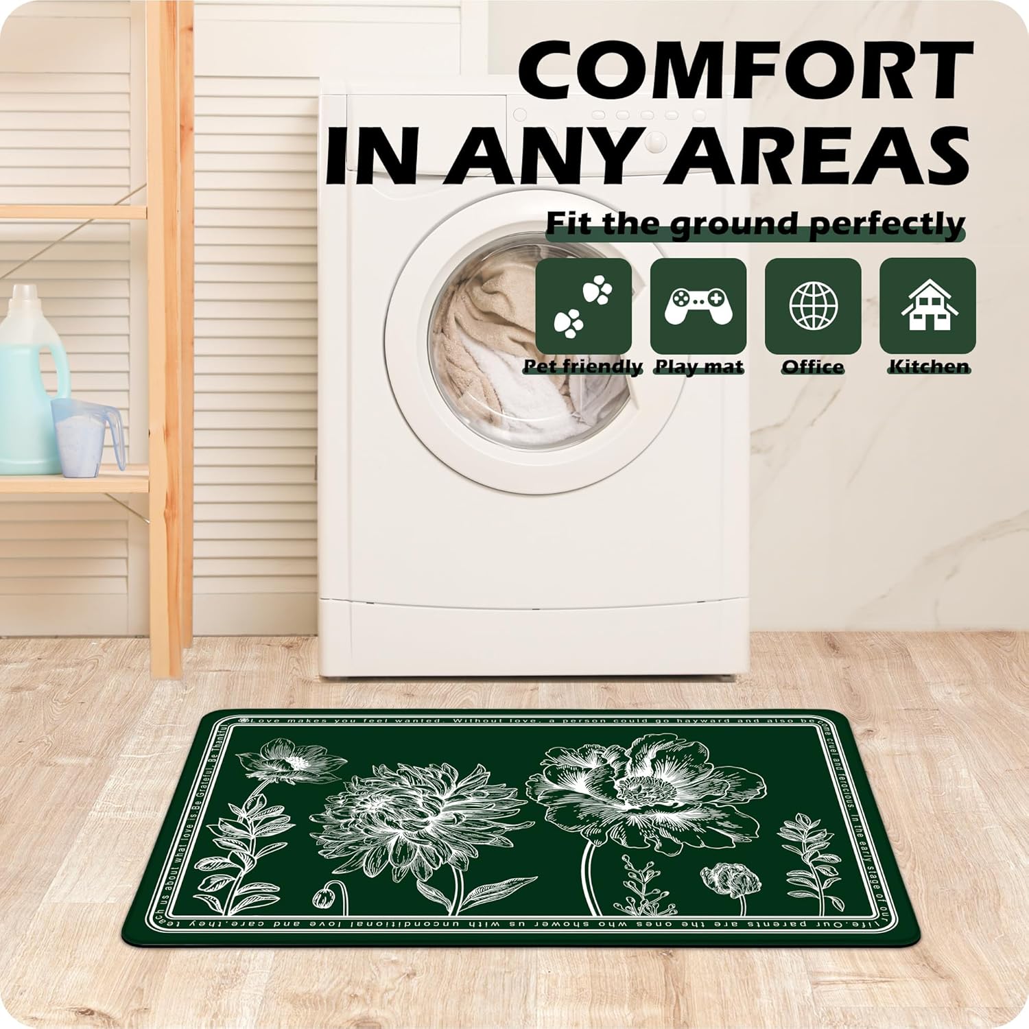 Juego de 2 alfombras de cocina florales antifatiga de PVC, antideslizantes, impermeables, acolchadas, cómodas alfombrillas de cocina para piso,