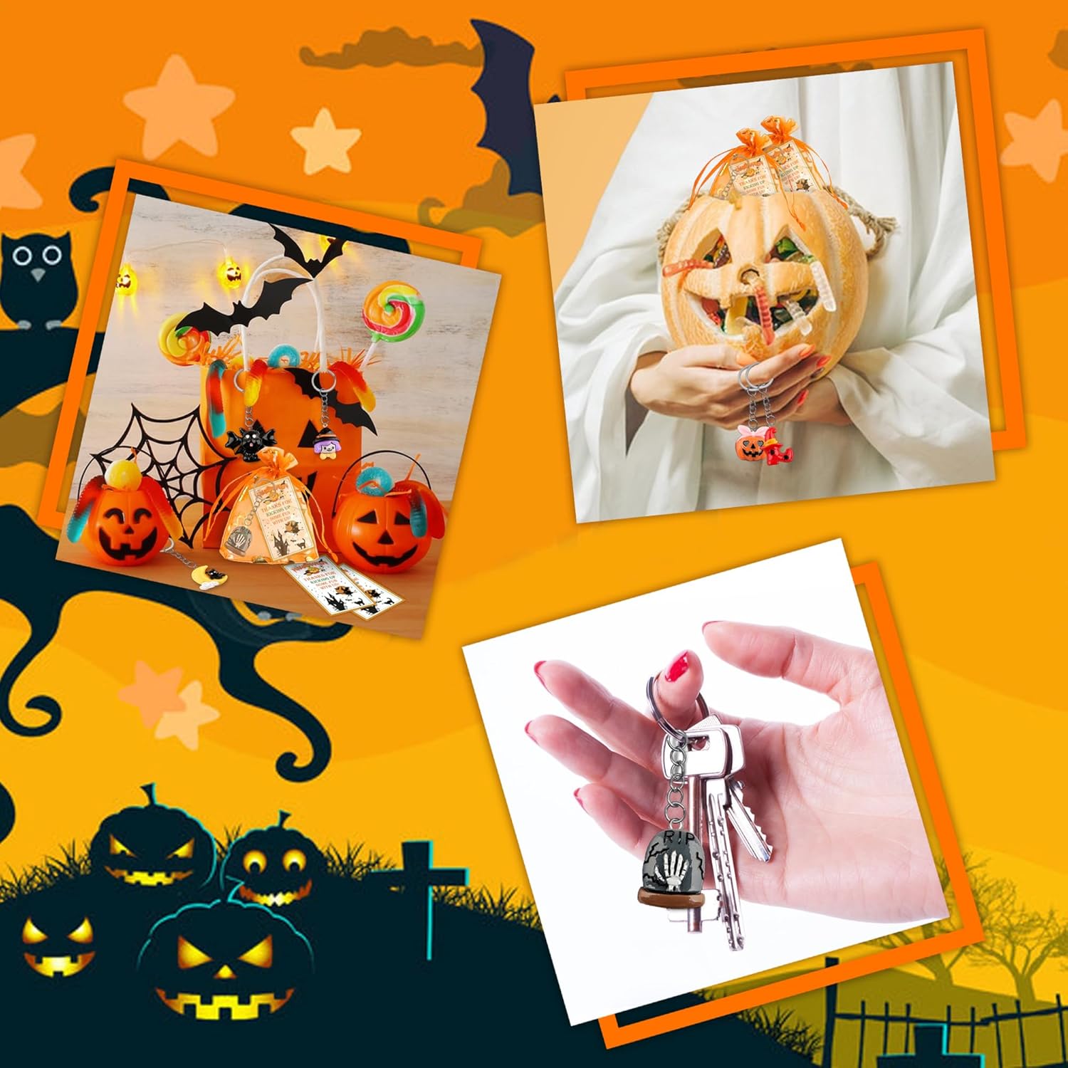 BUYWUMORE 12 juegos de recuerdos de fiesta de Halloween con llaveros de murciélago de calabaza fantasma, bolsas de organza naranja y etiquetas de