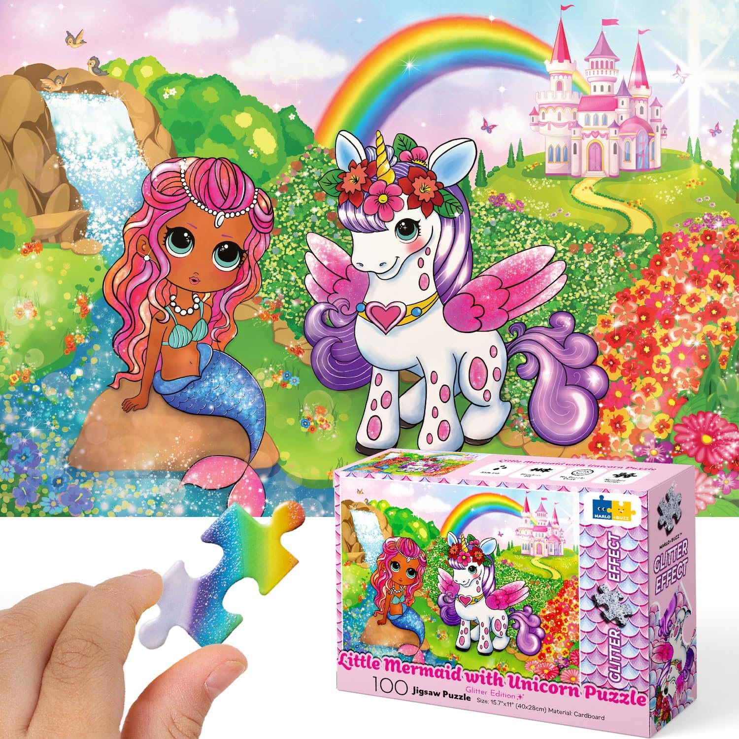 Marlo&Buzz – Rompecabezas con purpurina de 100 piezas rompecabezas de princesa unicornio y sirena diseñados para niños de 4 a 8 años. Piezas grandes