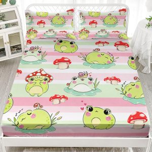 AILONEN Juego de sábanas bajeras de rana de dibujos animados, tamaño matrimonial, juego de sábanas coloridas de hongos rojos para niños y niñas, 3 AILONEN Juego de sábanas bajeras de rana de dibujos animados, tamaño matrimonial, juego de sábanas coloridas de hongos rojos para niños y niñas, 3