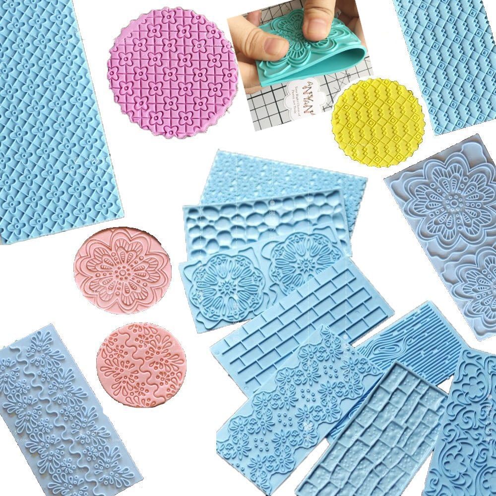 Anyana Juego de 12+6 moldes de glaseado en relieve de plástico gratis Kits de madera ladrillo adoquín acolchado cuadrícula diamante diseños