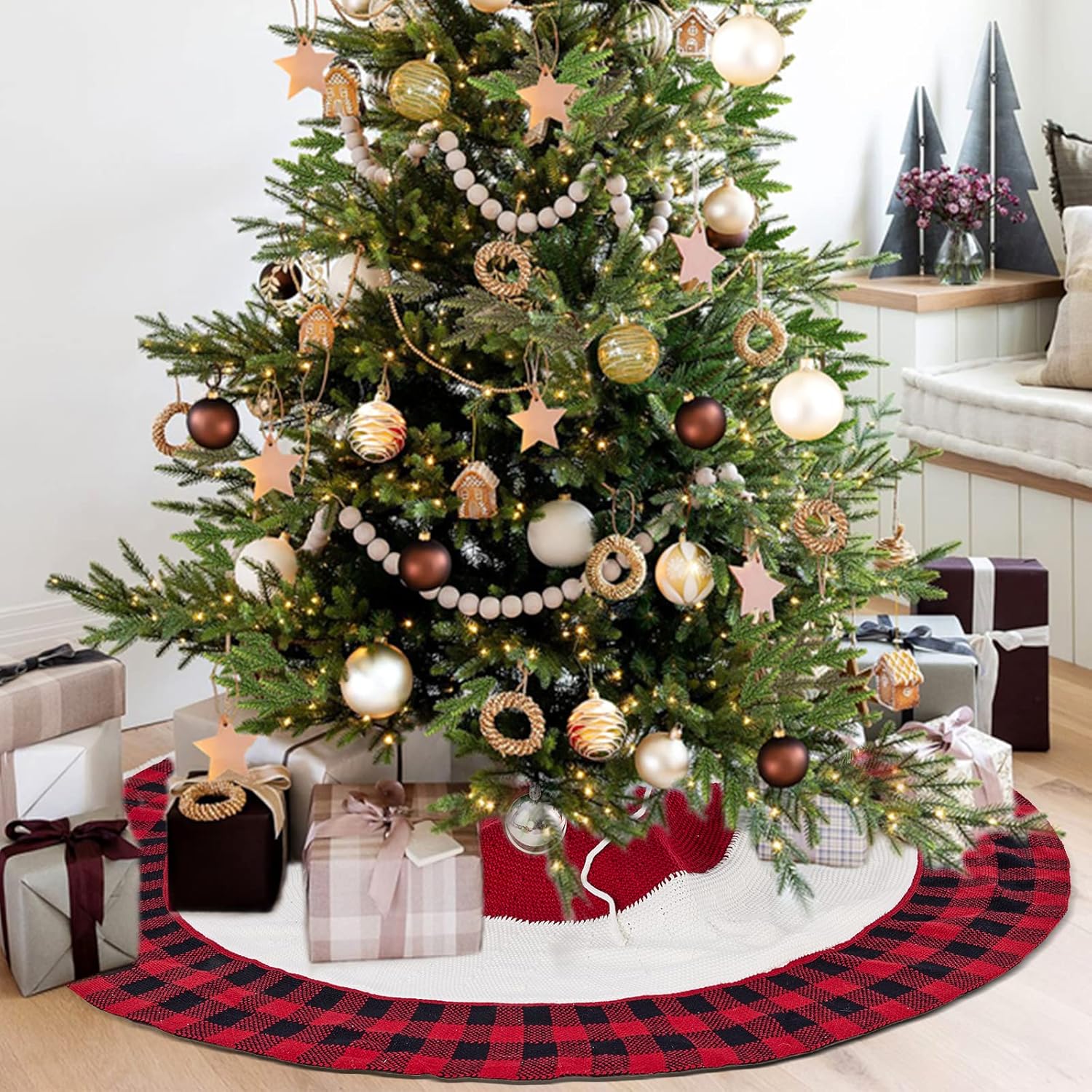 Falda de árbol de Navidad, 47 pulgadas, falda de árbol rojo de punto con cordones para decoraciones rústicas de Navidad, cuadros