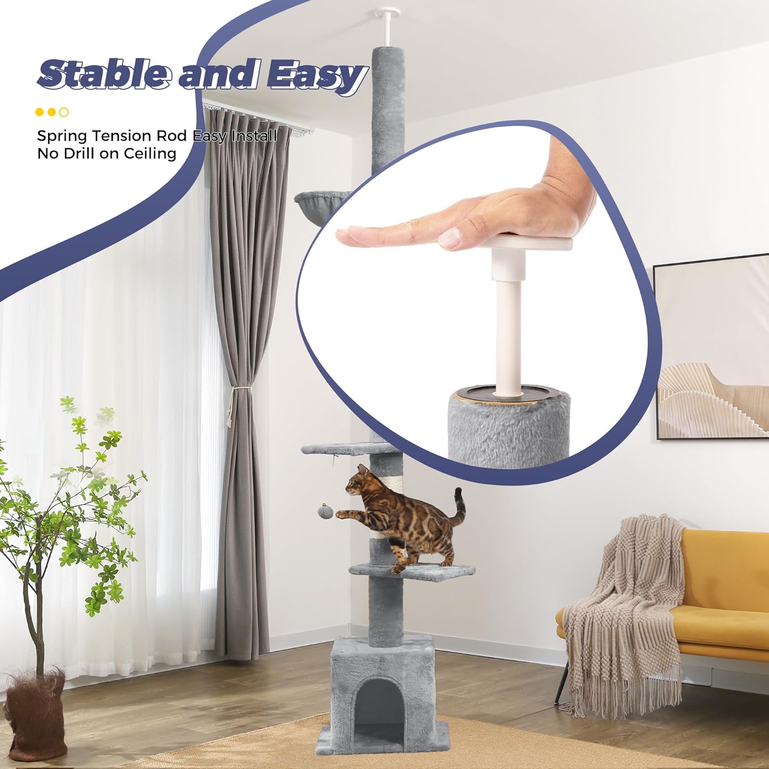 Meow Sir Árbol para gatos de piso a techo, altura ajustable 82-108 pulgadas  81.9-108.3 in Torre para gatos de 6 niveles para techo de 7 a 9 pies