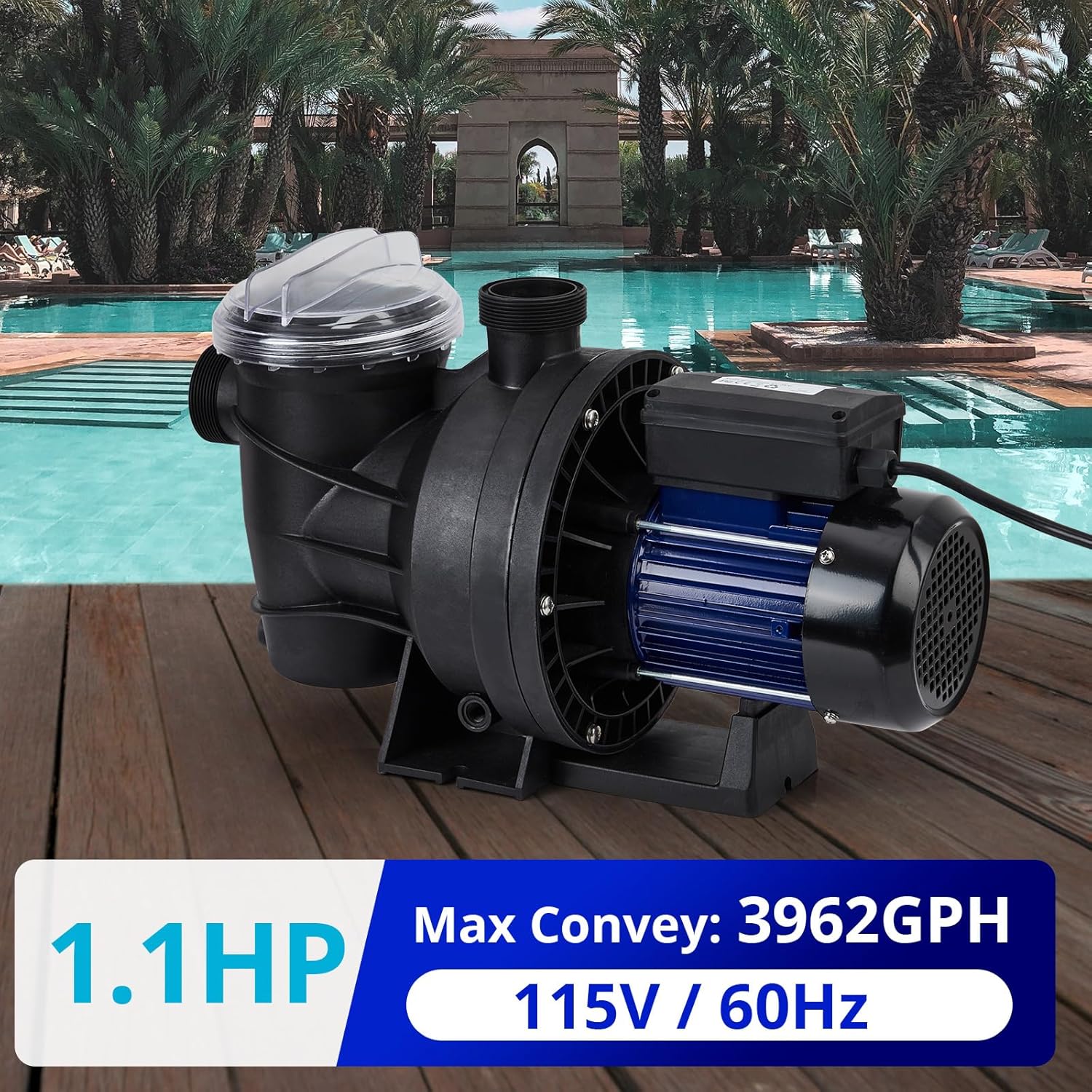 Bomba de piscina de una sola velocidad de 1.1HP en sobre el suelo, 800 W115 V, 3962 GPH, alto flujo, potentes bombas de piscina autorecortables con