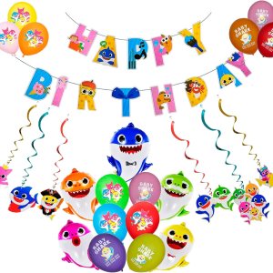 “24PCS”  1 pancarta de cumpleaños de tiburón  5 piezas de papel de aluminio de tiburón y 12 globos de látex  6 espirales colgantes de tiburón “24PCS”  1 pancarta de cumpleaños de tiburón  5 piezas de papel de aluminio de tiburón y 12 globos de látex  6 espirales colgantes de tiburón