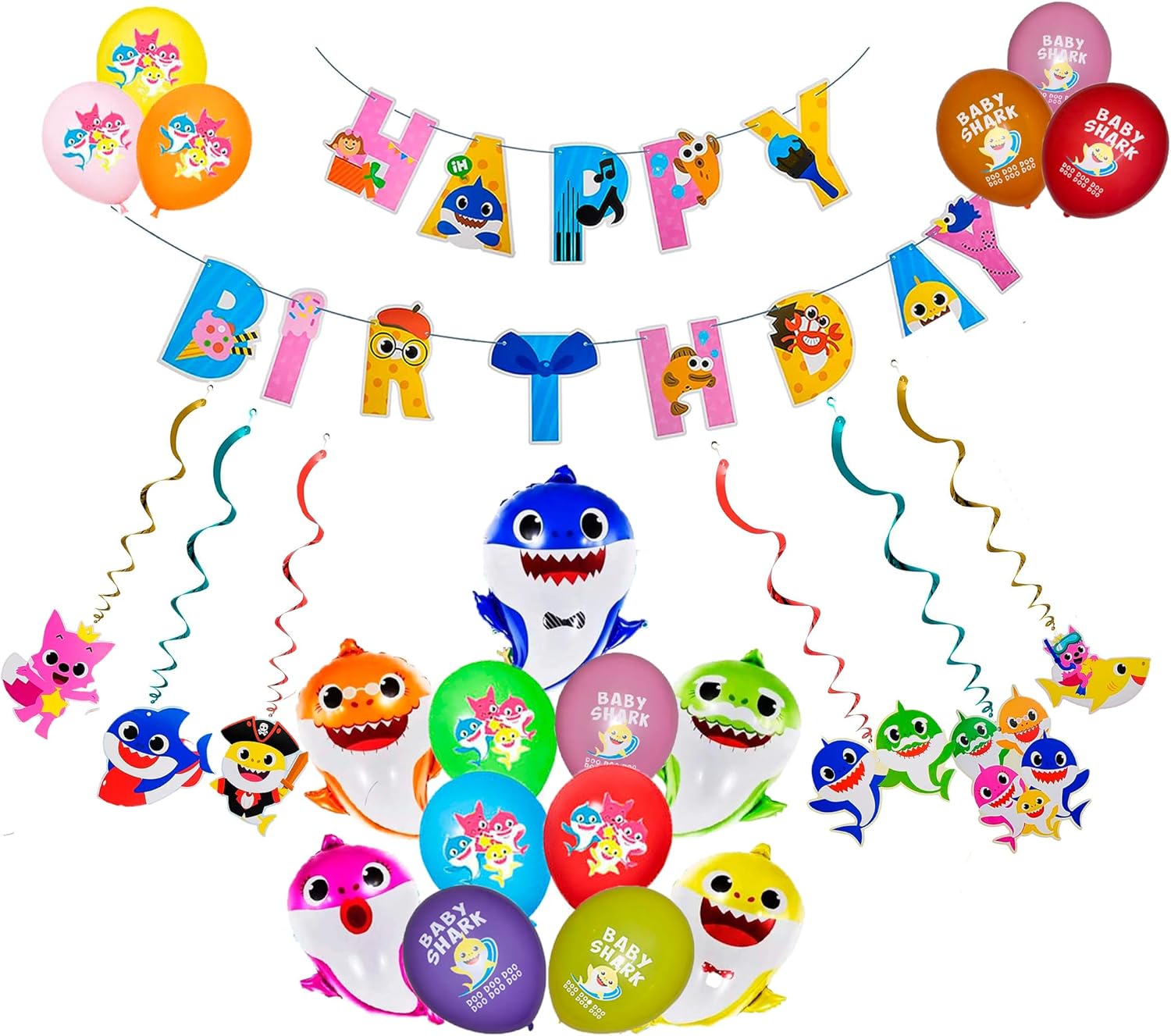 “24PCS”  1 pancarta de cumpleaños de tiburón  5 piezas de papel de aluminio de tiburón y 12 globos de látex  6 espirales colgantes de tiburón