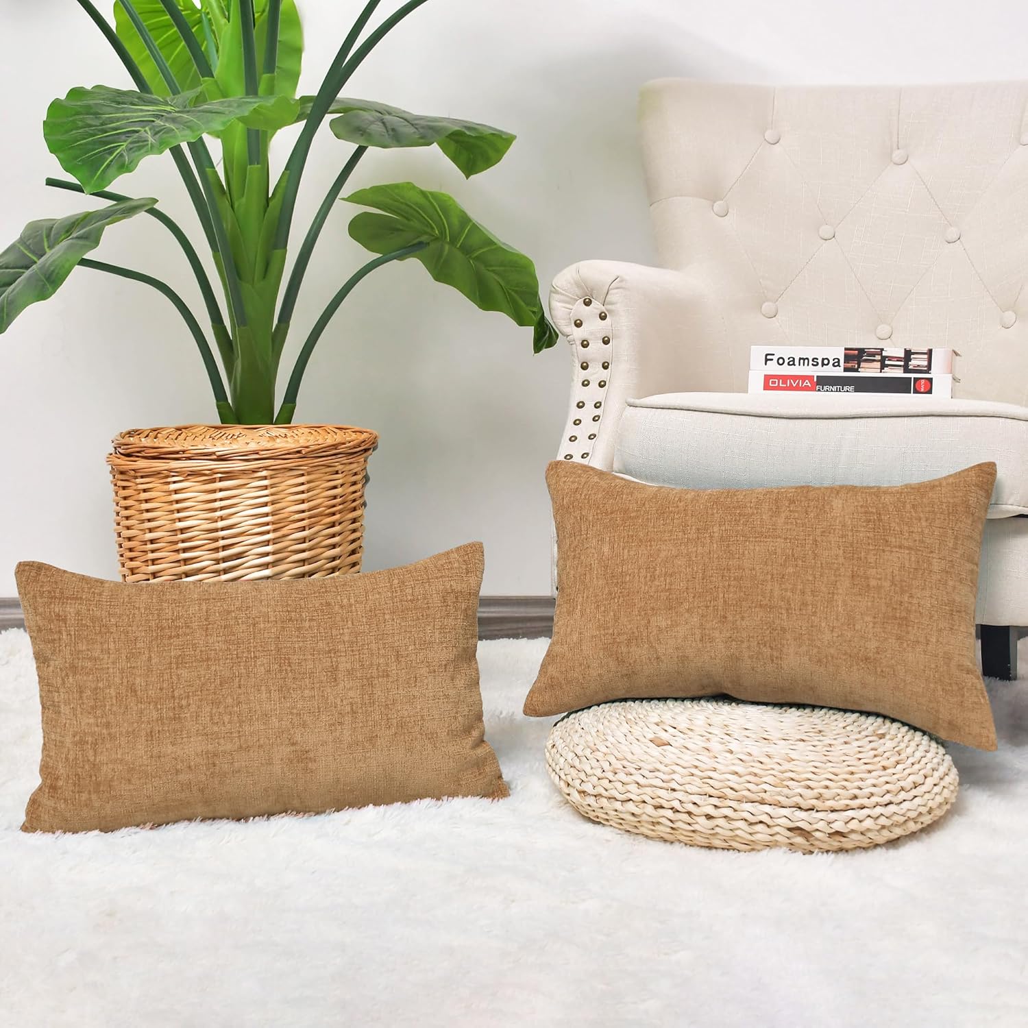 CaliTime Paquete de 2 fundas de almohada acogedoras para sofá, decoración del hogar, felpilla suave teñida sólida de 12 x 20 pulgadas, color marrón