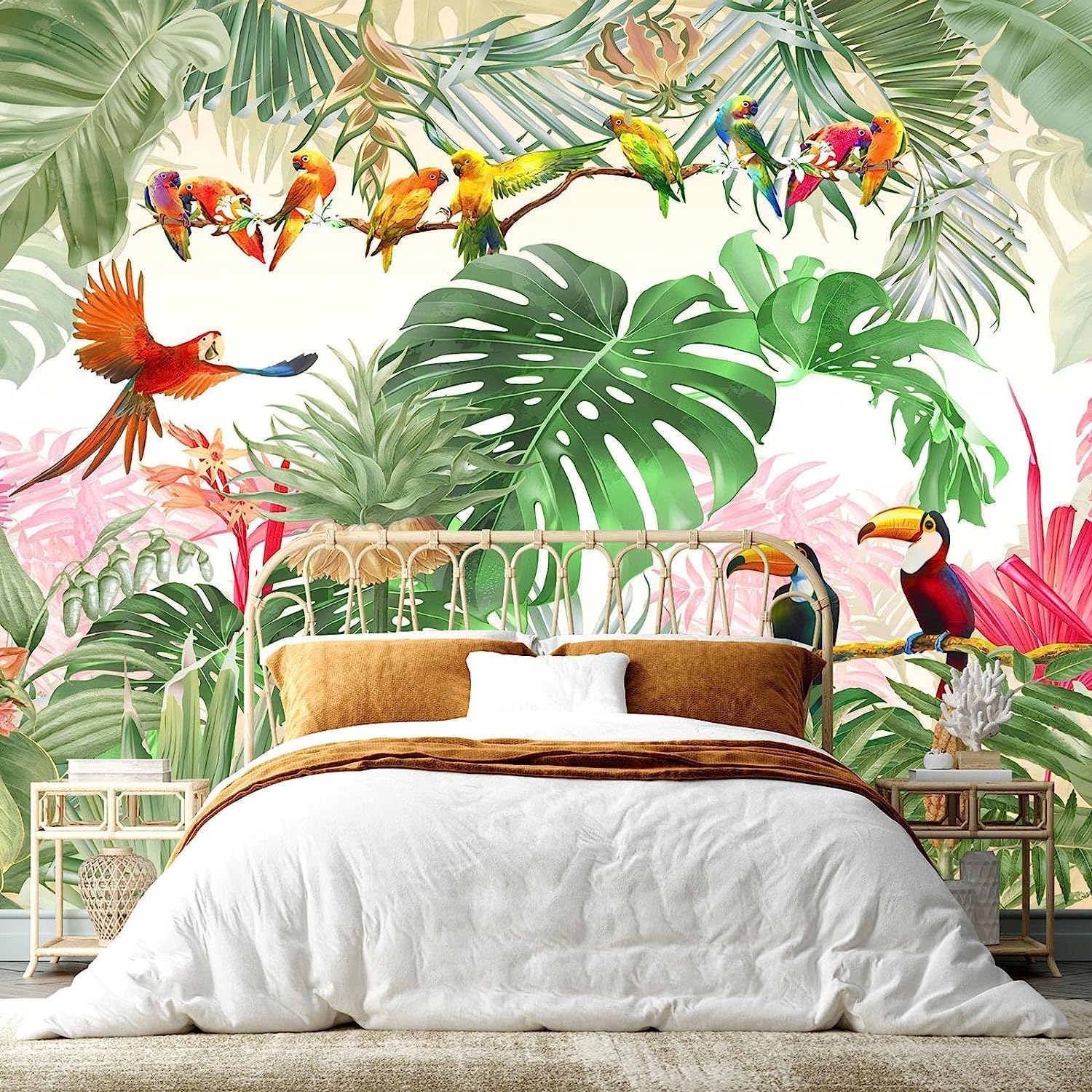 ZFBIZHI Papel tapiz tropical con hojas de plátano, Monstera y pájaro, para sala de estar, dormitorio, baño, oficina (no se pega ni se pega)