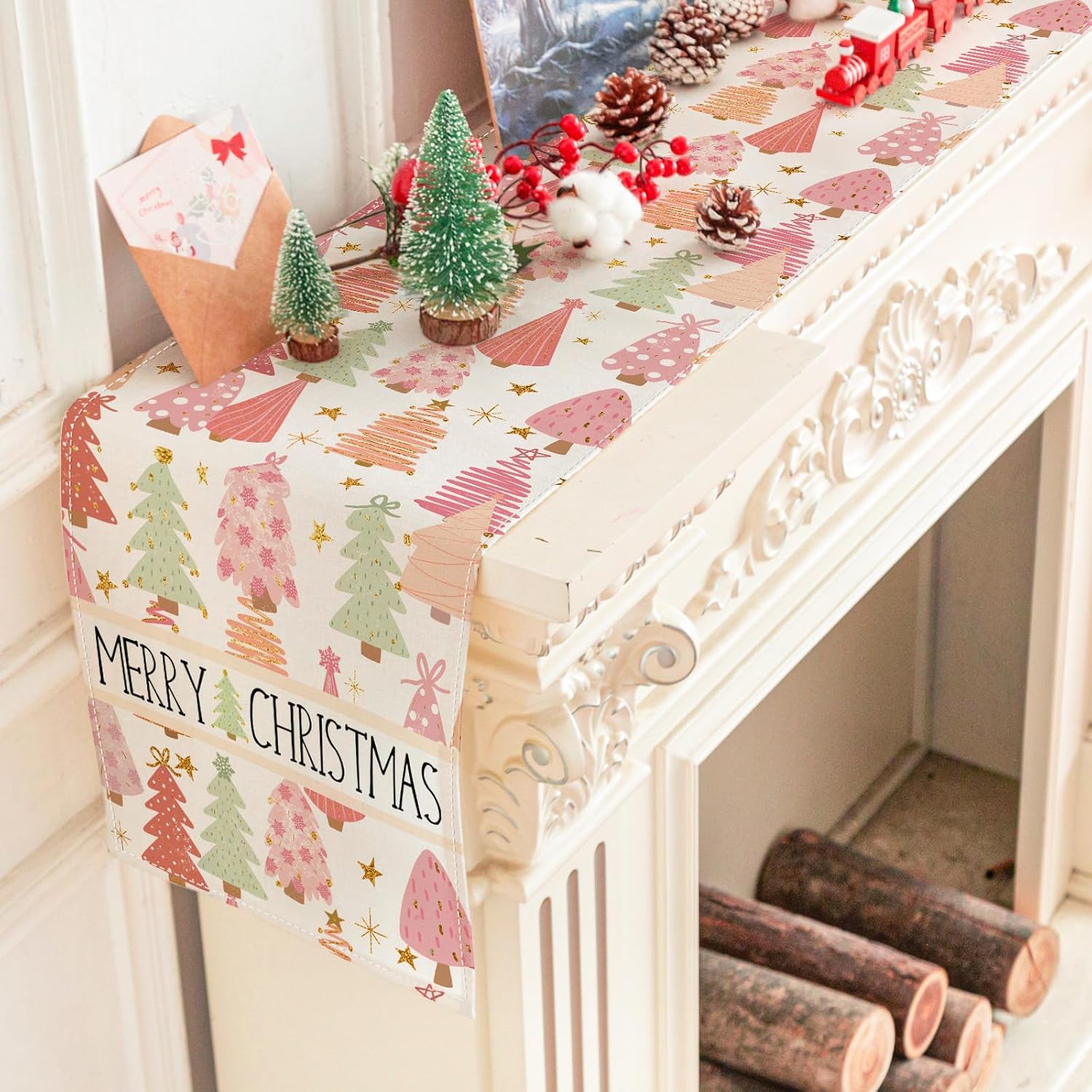 AnyDesign – Camino de mesa bohemio con texto en inglés “Merry Christmas” para decoración de árbol de Navidad, mantel impermeable para suministros de