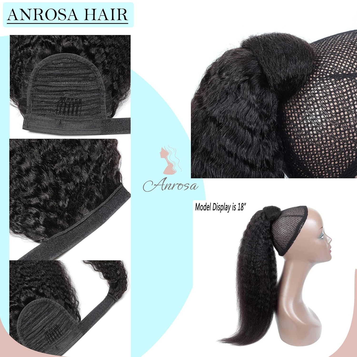 Anrosa Cola de caballo de cabello humano rizado lacio para mujeres negras, cinta mágica 100% Remy, extensiones de cabello humano brasileño ondulado,