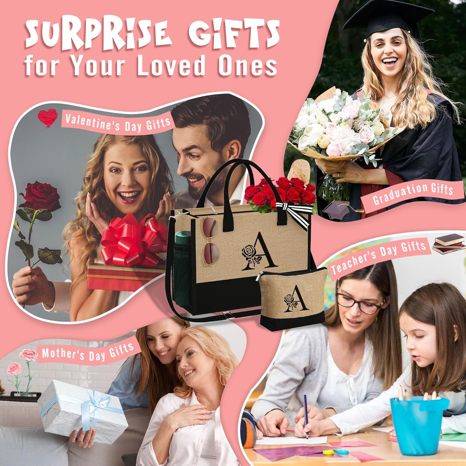 Regalos para el día de la madre bolsa de yute inicial con cremallera, regalos de cumpleaños personalizados para mujeres, regalo de graduación para