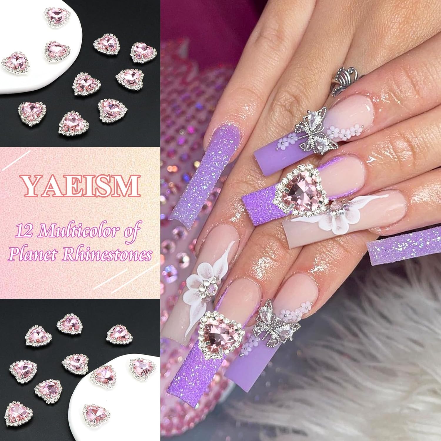 YAEISM Dijes de arte de uñas de corazón de 0.472 pulgadas, 10 piezas de diamantes de imitación de cristal 3D, dijes de uñas de diamante rosa