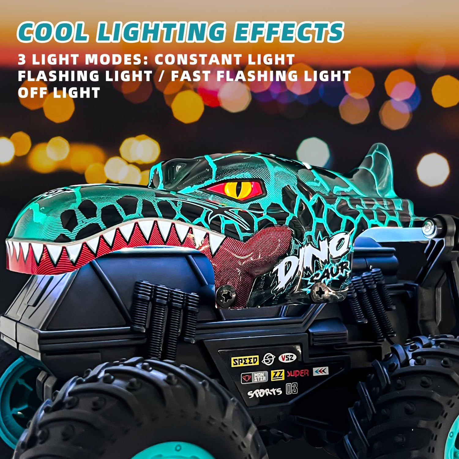 Monster Truck Toys, 2.4Ghz RC Monster Trucks para niños, 120 dinosaurio RC coches con luz y música, camión de control remoto con acrobacia, giro de