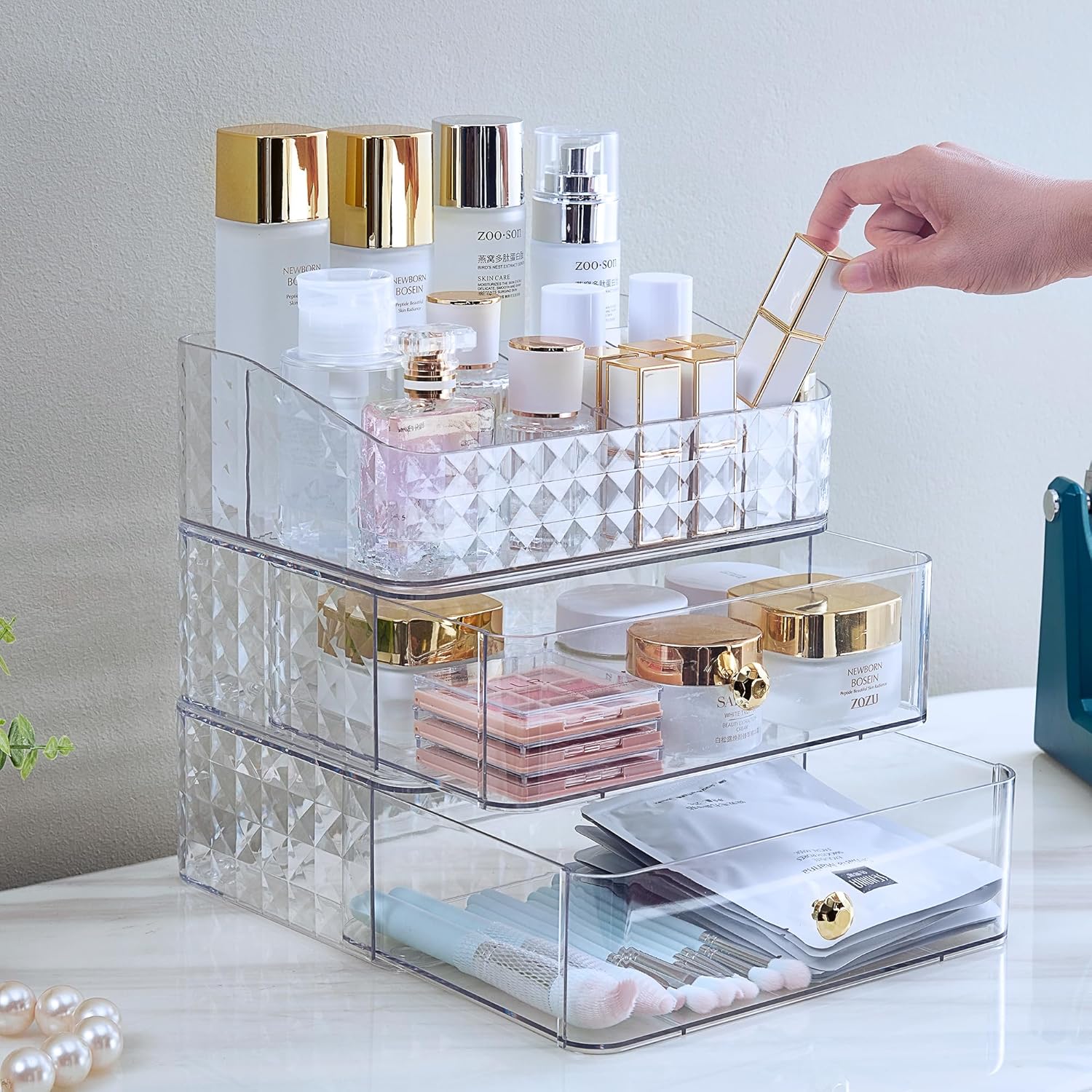 Organizador de maquillaje de 3 niveles para tocador, 9.52 pulgadas de largo x 6.85 pulgadas de ancho x 9.44 pulgadas de alto, organizador de