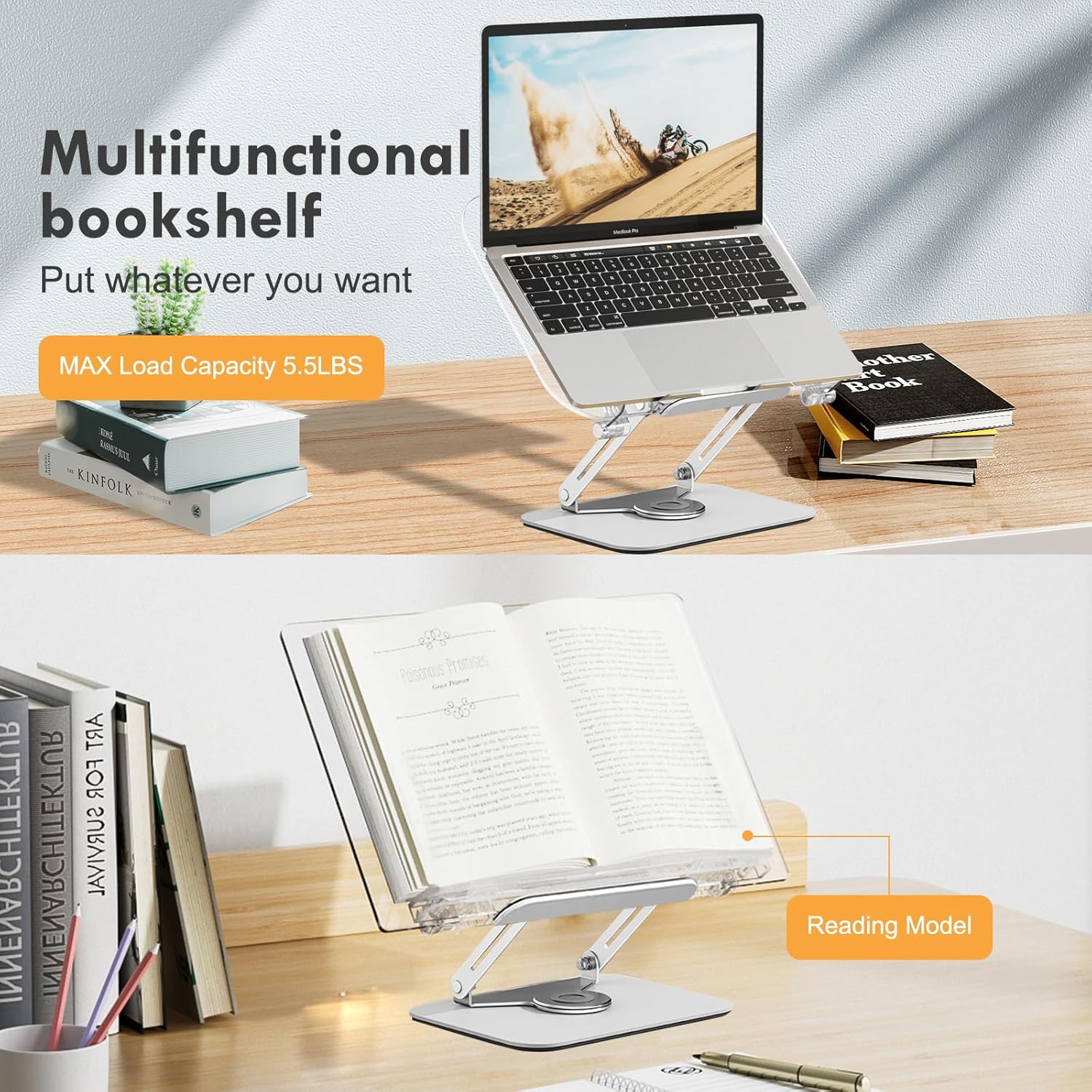Metahoga Amasrich – Soporte de acrílico para libros de lectura, soporte ajustable con base giratoria de 360 y clips de página, plegable para mostrar