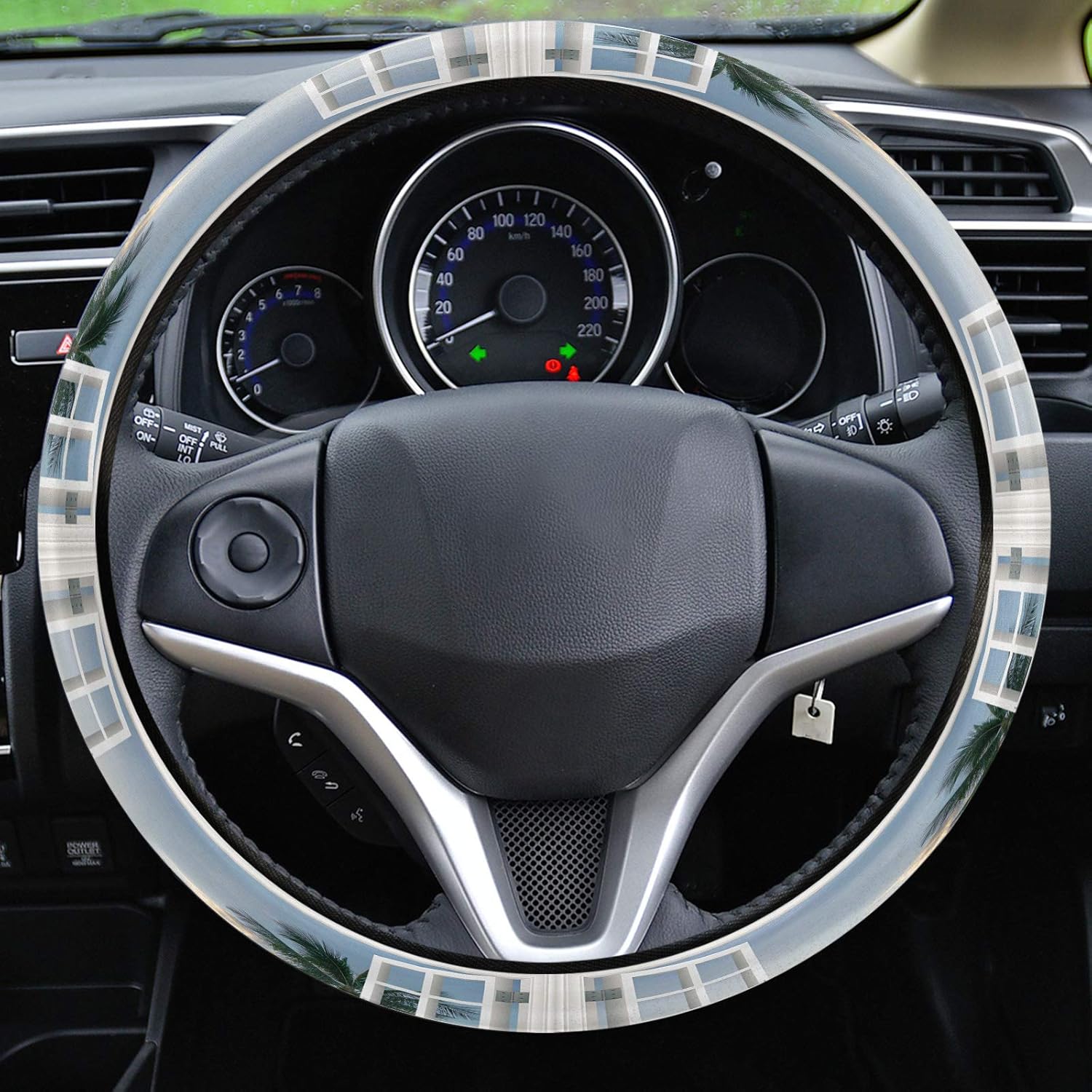 Funda para volante de automóvil, puesta de sol de playa a través de ventanas de madera blanca, esponja elástica elástica para volantes, cubierta